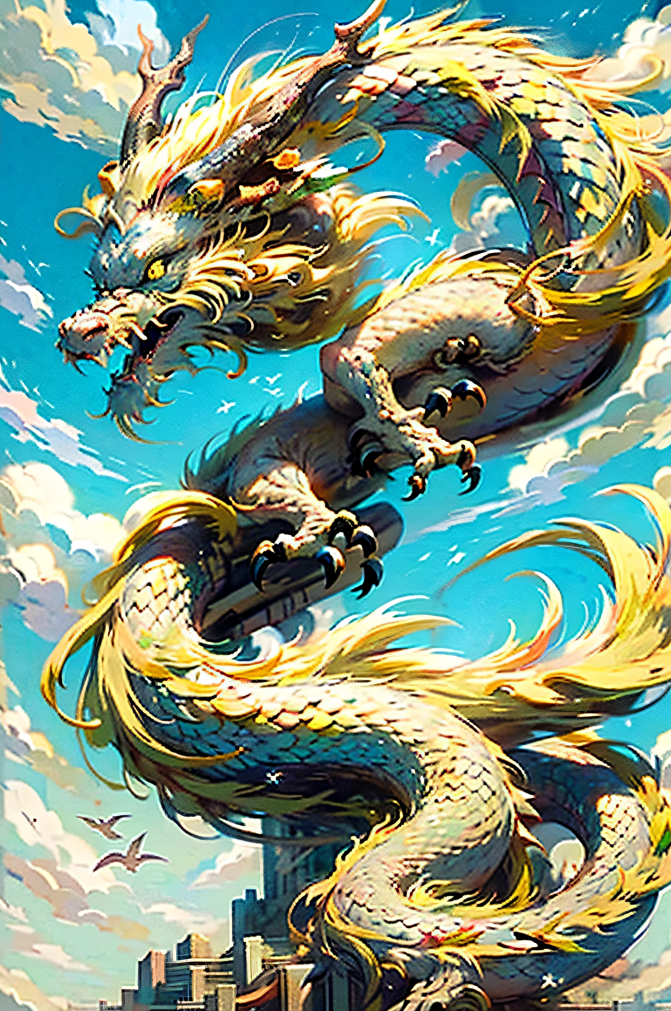 Best quality,masterpiece,ultra high res,nu no humans, (long:1.2),sky, yellow eyes, cloud, scales, celestial eastern dragon, open mouth, sharp teeth, flying, horns, teeth, day, claws, fangs, blue sky