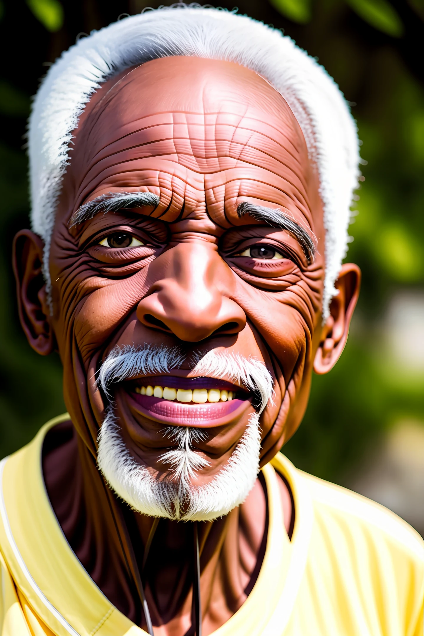 90-year-old old black man, [[[[[closeup]]]], [[[[chest]]], [[[[[neck]]]], [[[[shoulders]]], perfect eyes, perfect irises, perfect lips, perfect teeth, perfect skin, soft front light, brightness, HDR, (soft colors: 1.2)