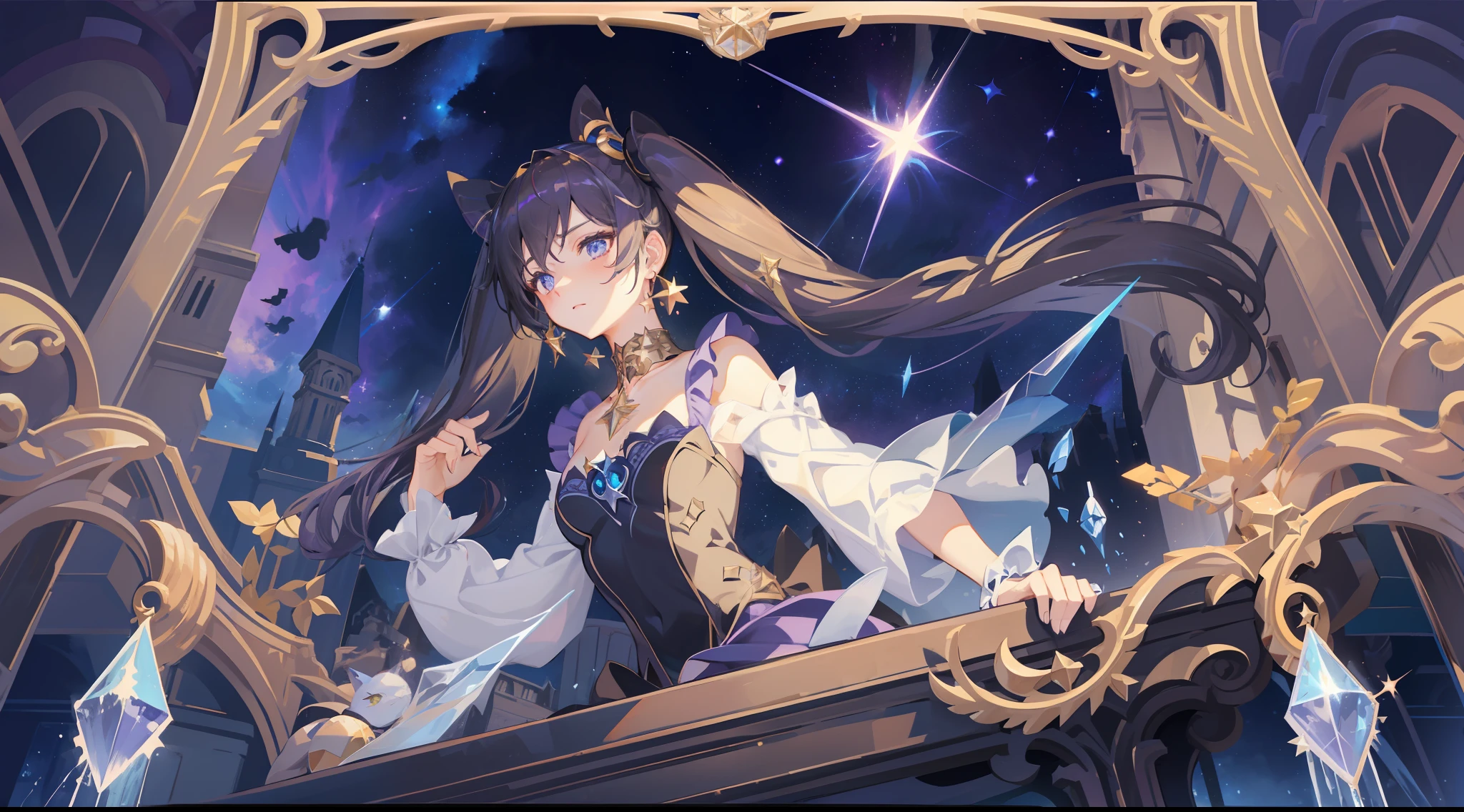 girl, solo, Mona \(Genshin Impact\), choker, hair between eyes, star \(symbol\), long hair, dark purple hair, twintails, blue eyes, shining eyes, earrings, jewelry, witch, maid, bangs, purple and black dress, purple skirt, white apron, landscape, night sky, star \(sky\), starry sky, night, outdoor, clouds, reflection, water, magic, tarot, water magic, sorceress, fairy, ((beautiful golden crystal star))