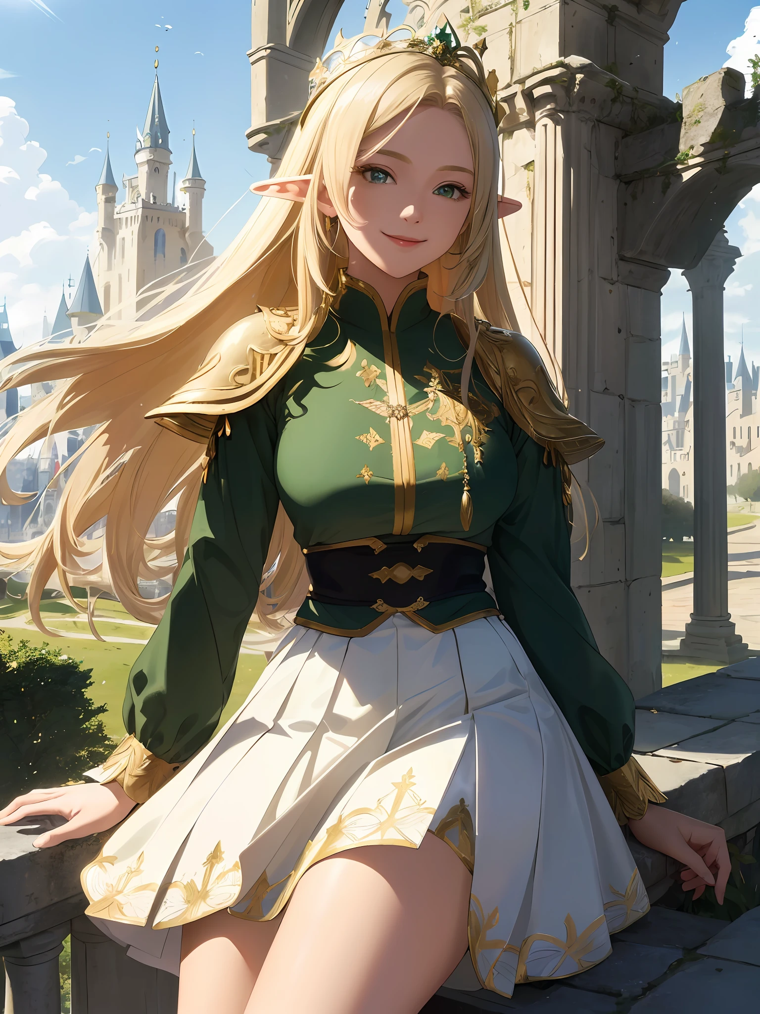 (((Masterpiece, highest quality, high definition, high detail)))), ((((Fantasy)))), one, (Elf woman)))), (short white skirt with gold embroidery), (blonde long straight hair), (glossy dark green eyes), (green surcoat embroidered with gold), big, (cityscape of the citadel)), (In front of the gates of the magnificent castle)), (towering ramparts)), (( A huge and detailed castle seen beyond the city gates)), tilting its head, smiling, (breeze), particles of light flying