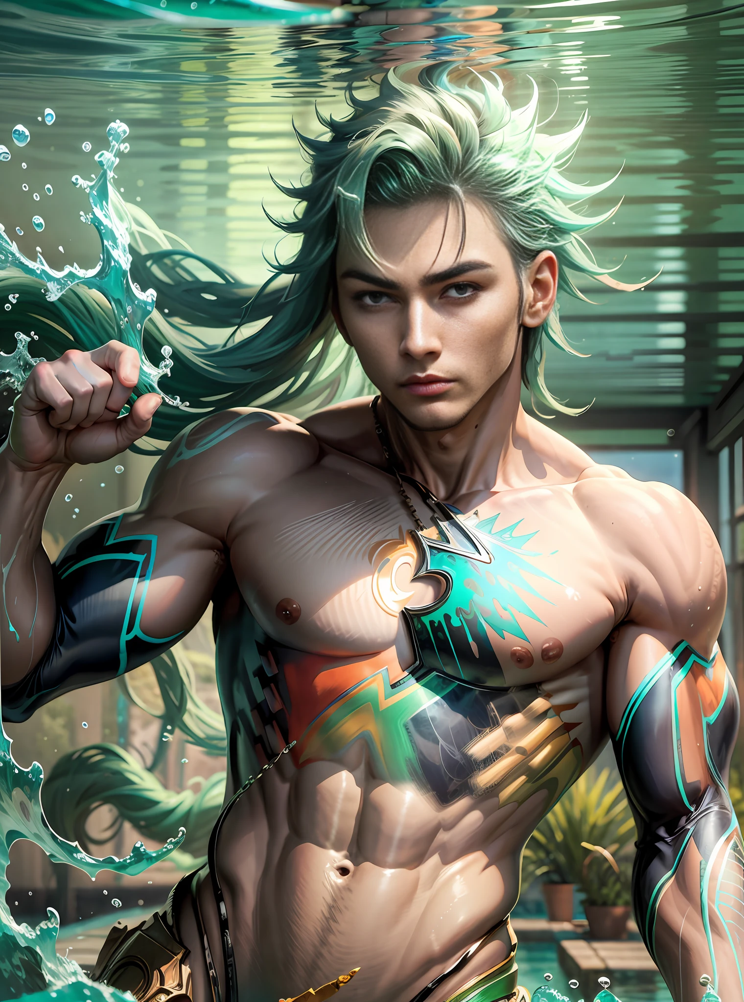 (masterpiece, best quality), man, wearing micro thong, see-through thong , mushroom water world, wide angle, athletic body, male, iridescent skin, flat chest, silver eyes, green hair styled in spikes, determined expression, bioluminescent lighting, small waist, broad chest, big mane, slim scruffy, muscular , illustration, watercolor ink sketch, (best quality)), intricate detailed,solo, masterpiece,