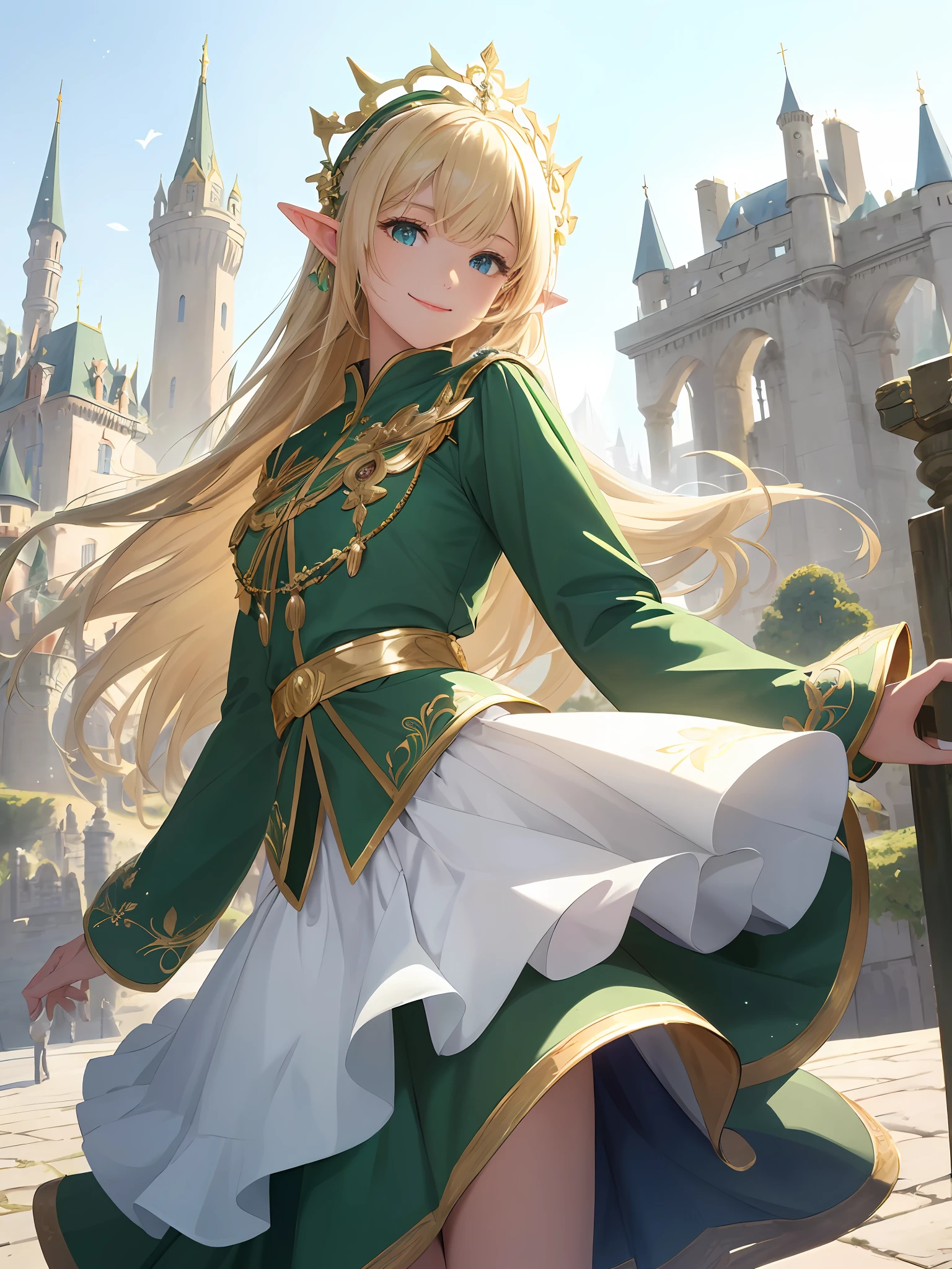 (((Masterpiece, highest quality, high definition, high detail)))), ((((Fantasy)))), one, (Elf woman)))), (short white skirt with gold embroidery), (blonde long straight hair), (glossy dark green eyes), (green surcoat embroidered with gold), big, (cityscape of the citadel)), (In front of the gates of the magnificent castle)), (towering ramparts)), (( A huge and detailed castle seen beyond the city gates)), tilting its head, smiling, (breeze), particles of light flying