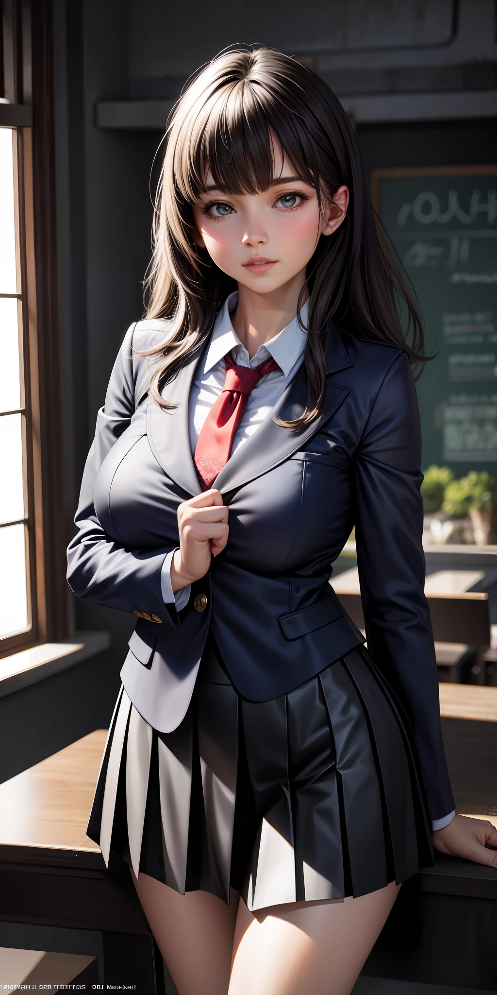 Realistic, a little breasts bigger, a little shorter skirt