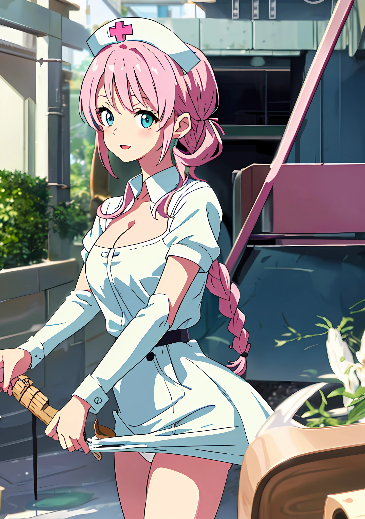 (Masterpiece, Best Quality), (NSFW: 1.5),Pretty Girl, (Heterochromia, Light Blue Eyes and Light Green Eyes), Solo, Standing Figure, Happy, :d, Masterpiece, Best Quality, Absurdity, High Definition, Official Art, (Cute: 1.8), ((Chibi Character: 1.5)), (Pink Braid, Cute Hair Ribbon) NSFW, Nurse Uniform, Shy, Big, Show off, cleavage, white panties, sheer, blink, , underhair visible"