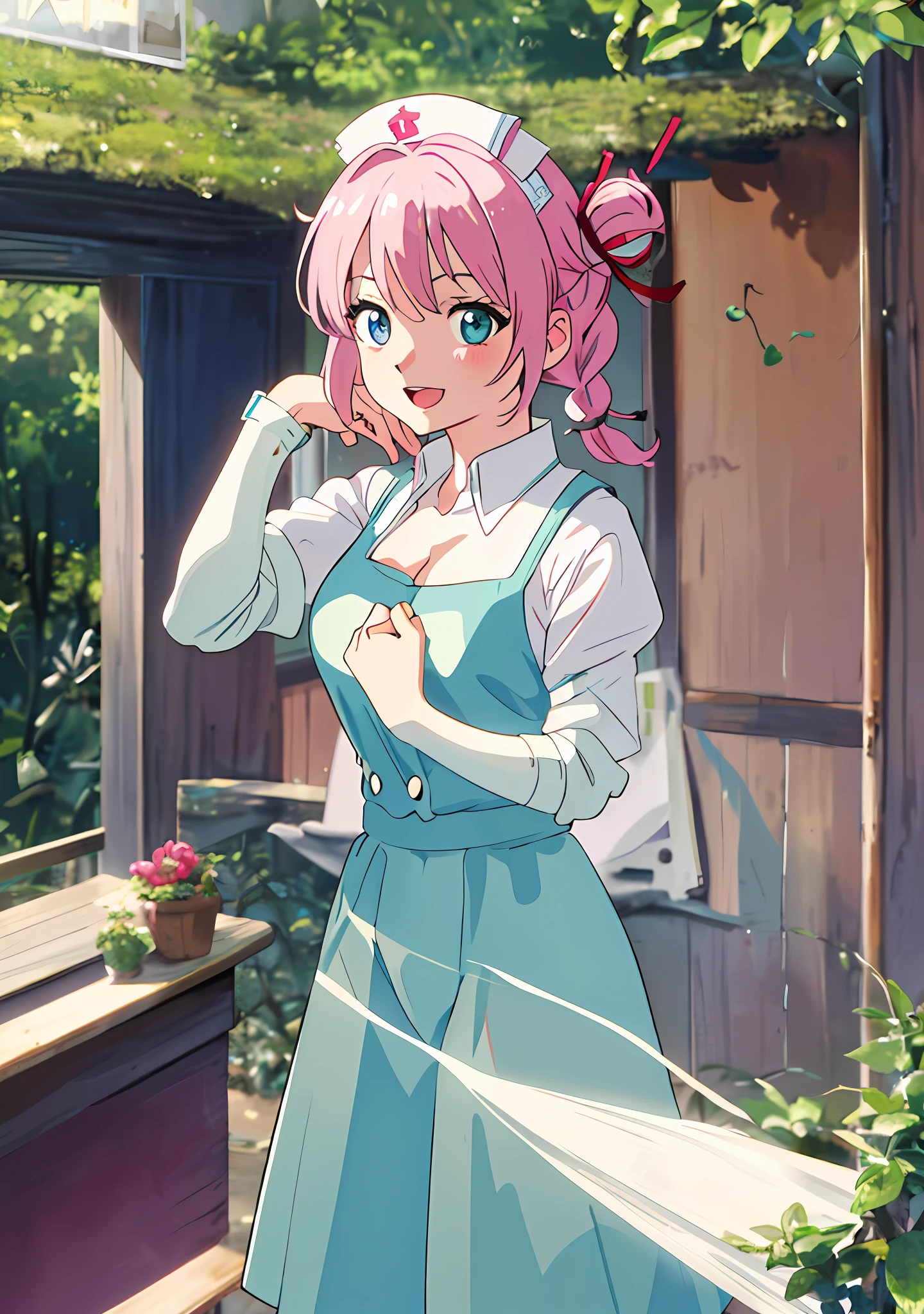 (Masterpiece, Best Quality), (NSFW: 1.5),Pretty Girl, (Heterochromia, Light Blue Eyes and Light Green Eyes), Solo, Standing Figure, Happy, :d, Masterpiece, Best Quality, Absurdity, High Definition, Official Art, (Cute: 1.8), ((Chibi Character: 1.5)), (Pink Braid, Cute Hair Ribbon) NSFW, Nurse Uniform, Shy, Big, Show off, cleavage, white panties, sheer, blink, , underhair visible"