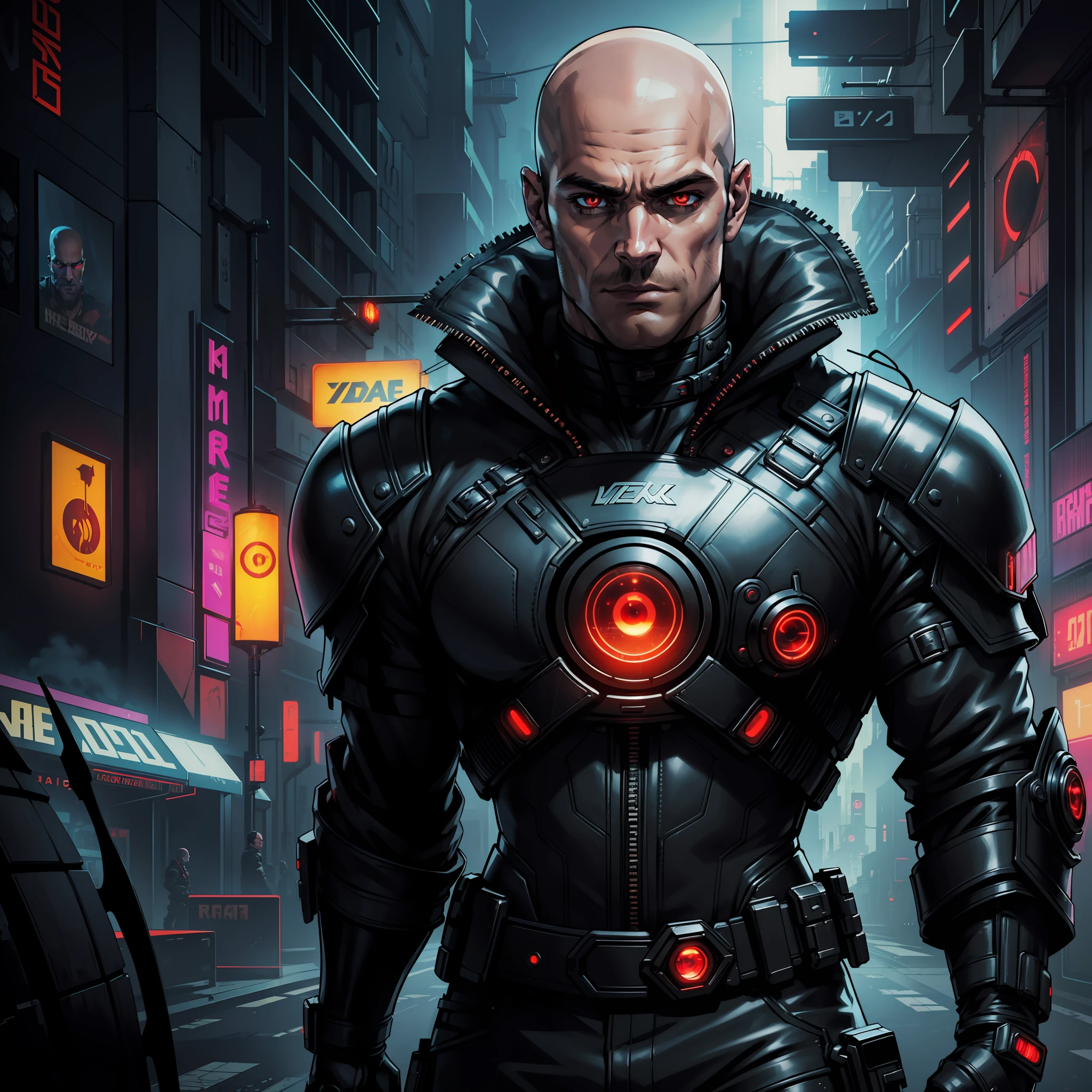 "(cool black cyberpunk leather jacket:1), (full trunk), ((intricate details)), full torso shot, (male:2.0), cold lighting, dark theme :: focus on closeup face, rebellious face, :: Henry Cavill's face, (bald), :: round iris, ((red eyes))), perfect, intricate, complex eyes, Helios 44-2, :: ultra realistic futuristic cyberpunk strongman, dynamic pose, ((dark cyberpunk background)), (neon lights), :: natural lighting, detailed background ::  bokeh :: 8k :: best quality :: masterpiece :: insanely detailed:1.5"