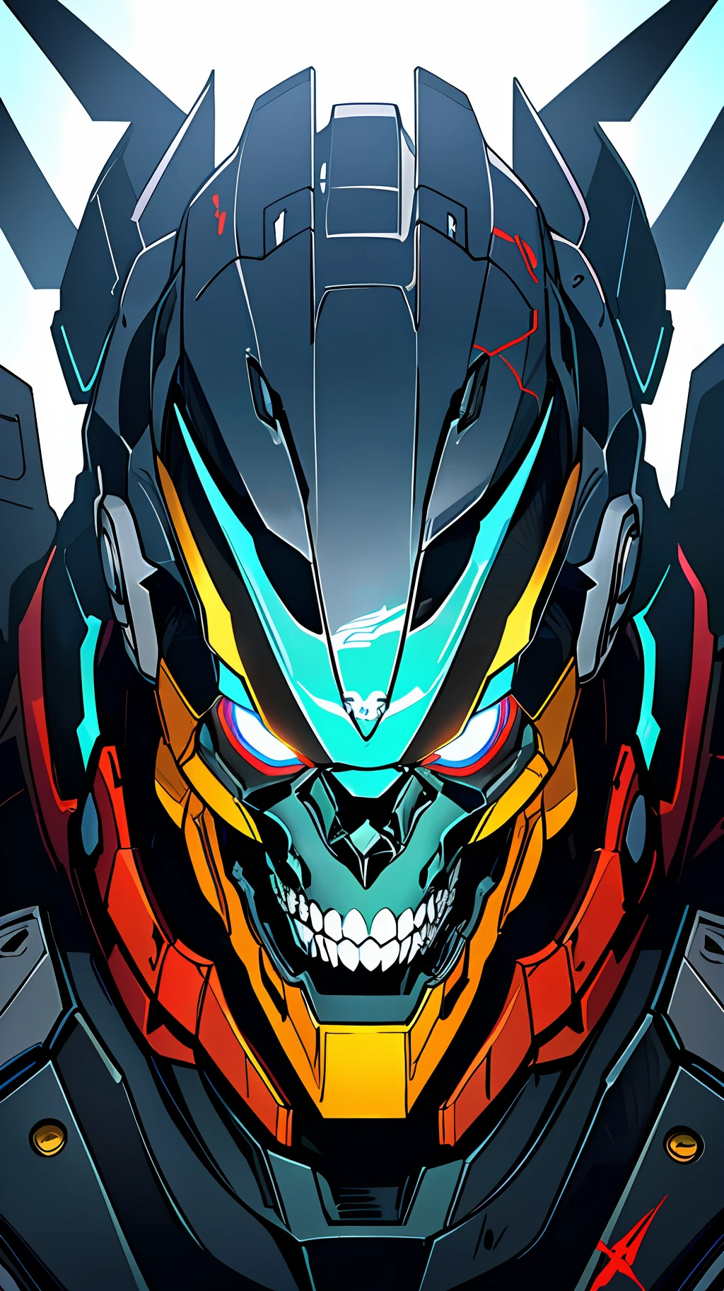 there is a cartoon of a robot with glowing eyes and a skull, badass anime 8 k, striking detailed artstyle, cool mecha style, best anime 4k konachan wallpaper, mecha inspired, raiden metal gear, mecha art, high detailed official artwork, ultra detailed game art, full color digital illustration, comic book style battlemech