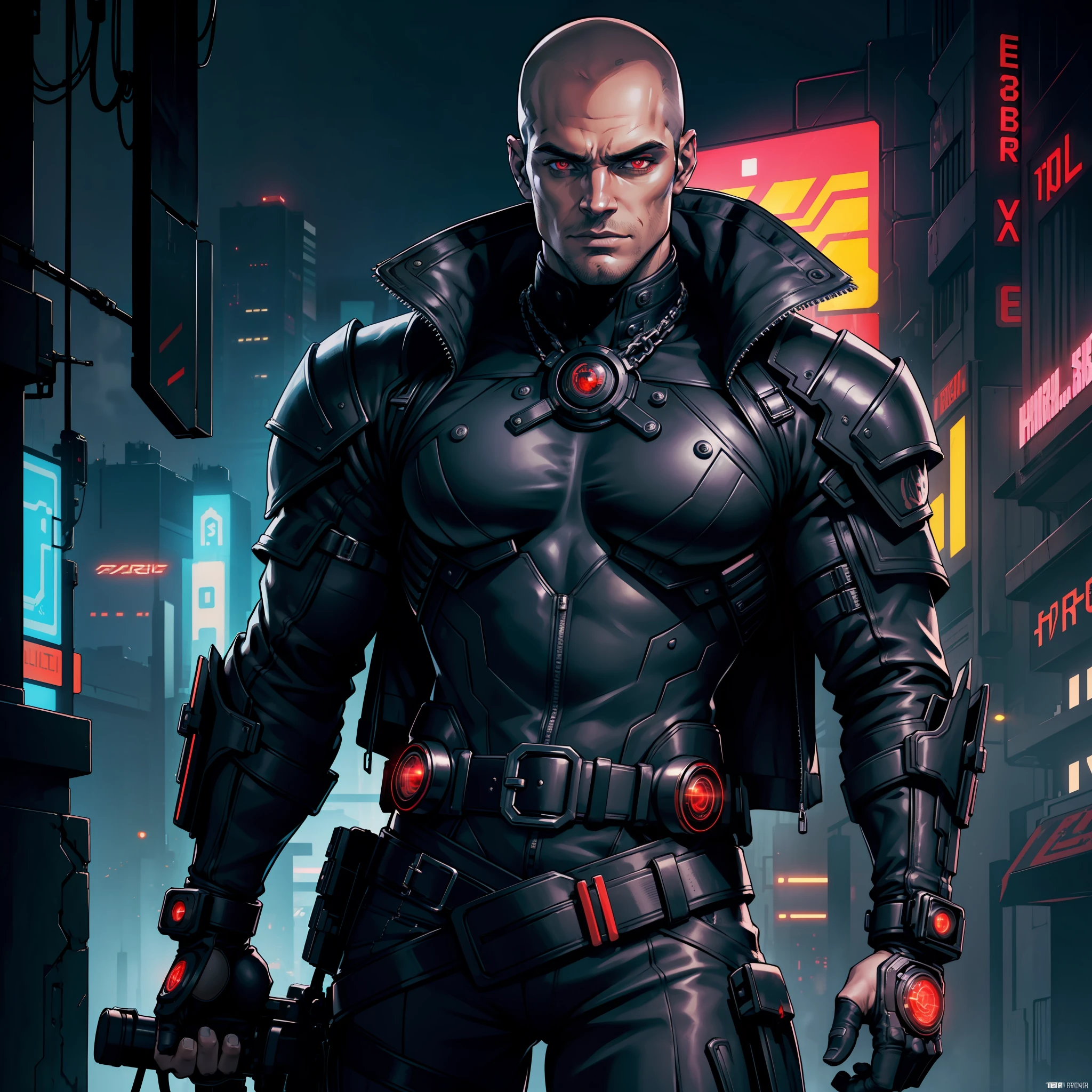 "(cool black cyberpunk leather jacket:1), (full trunk), ((intricate details)), full torso shot, (male:2.0), cold lighting, dark theme :: focus on closeup face, rebellious face, :: Henry Cavill's face, (bald), :: round iris, ((red eyes))), perfect, intricate, complex eyes, Helios 44-2, :: ultra realistic futuristic cyberpunk strongman, dynamic pose, ((dark cyberpunk background)), (neon lights), :: natural lighting, detailed background ::  bokeh :: 8k :: best quality :: masterpiece :: insanely detailed:1.5"