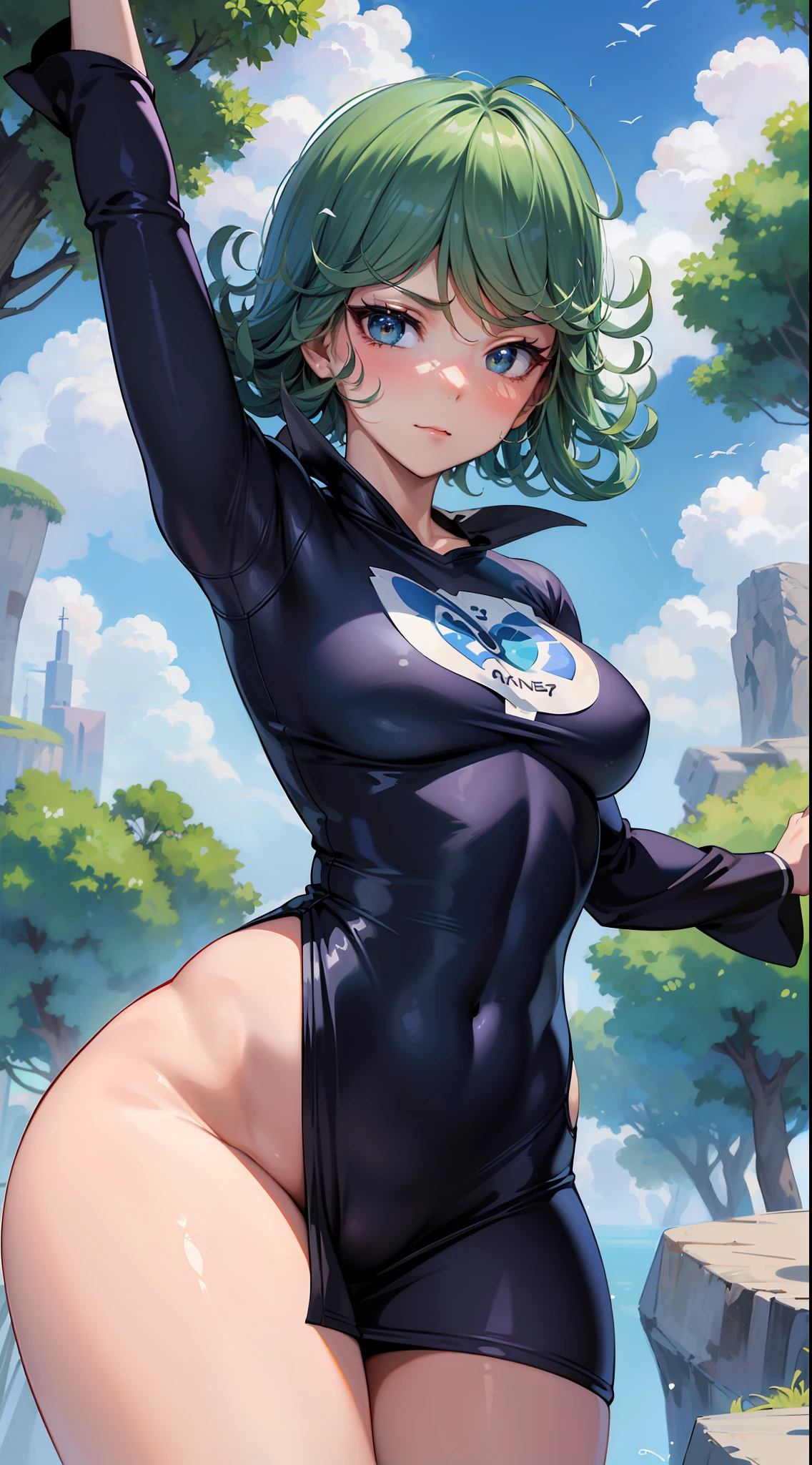 (masterpiece, best quality:1.2), cowboy shot, solo, 1girl, tatsumaki, lustful, closed mouth, looking at the viewer, ass, wide hips, t-shirt, short shorts, transparent dress, blue sky, clouds, erotica,