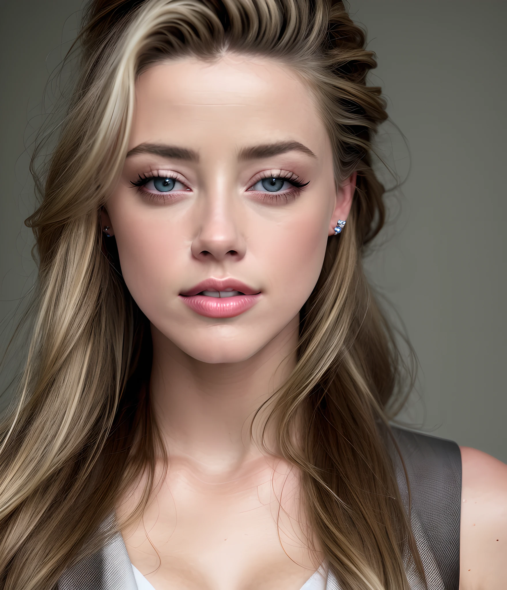fashion model 24 years old, Amber Heard , [[[[closeup]]]], [[[[chest]]]], [[[[neck]]]], [[[[shoulders]]]], perfect eyes, perfect iris, perfect lips, perfect teeth, perfect skin, soft front light, glow, HDR, (muted colors:1.2)