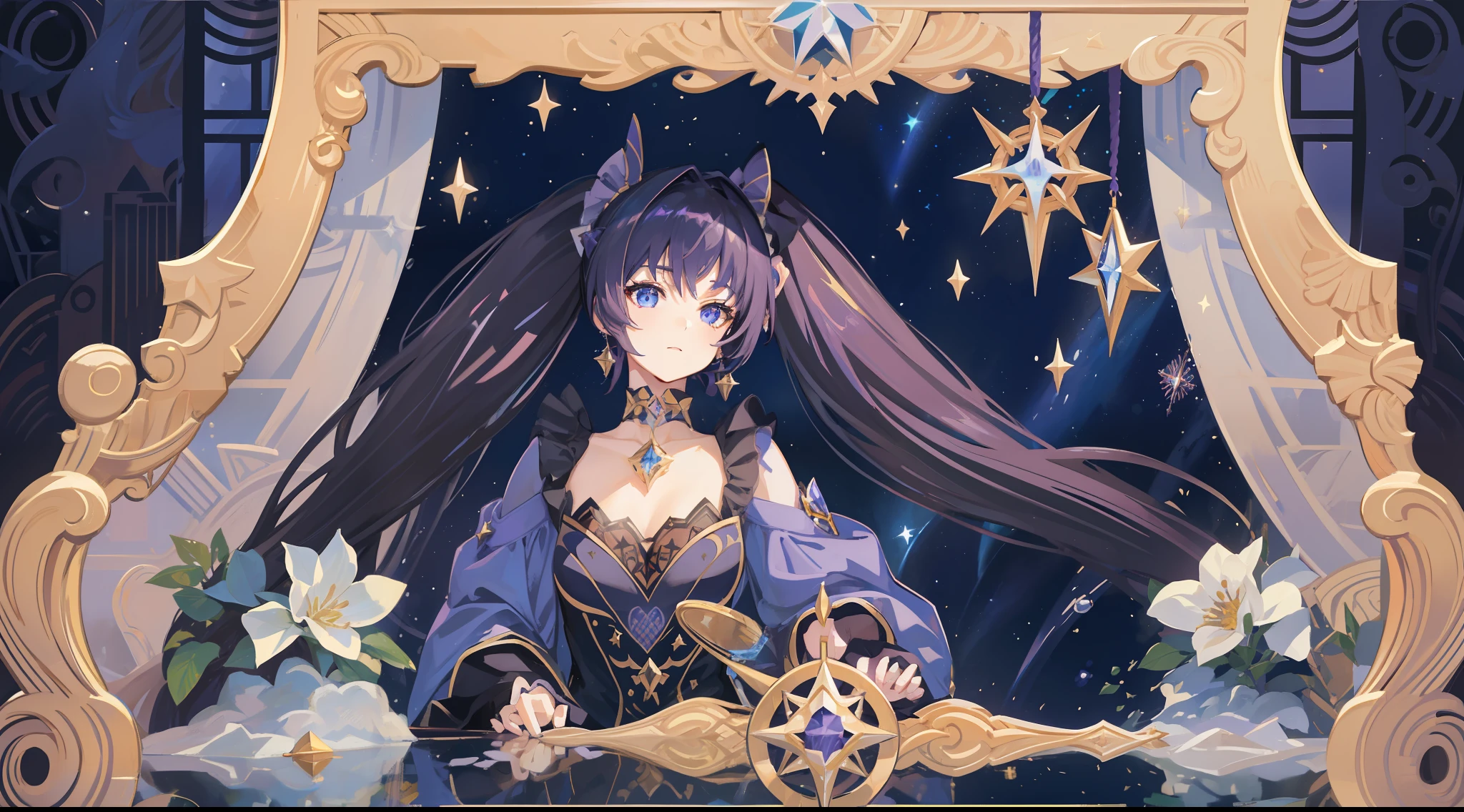 girl, solo, Mona \(Genshin Impact\), choker, hair between eyes, star \(symbol\), long hair, dark purple hair, twintails, blue eyes, shining eyes, earrings, jewelry, witch, maid, bangs, purple and black dress, purple skirt, white apron, landscape, night sky, star \(sky\), starry sky, night, outdoor, clouds, reflection, water, magic, tarot, water magic, sorceress, ((beautiful golden crystal star))