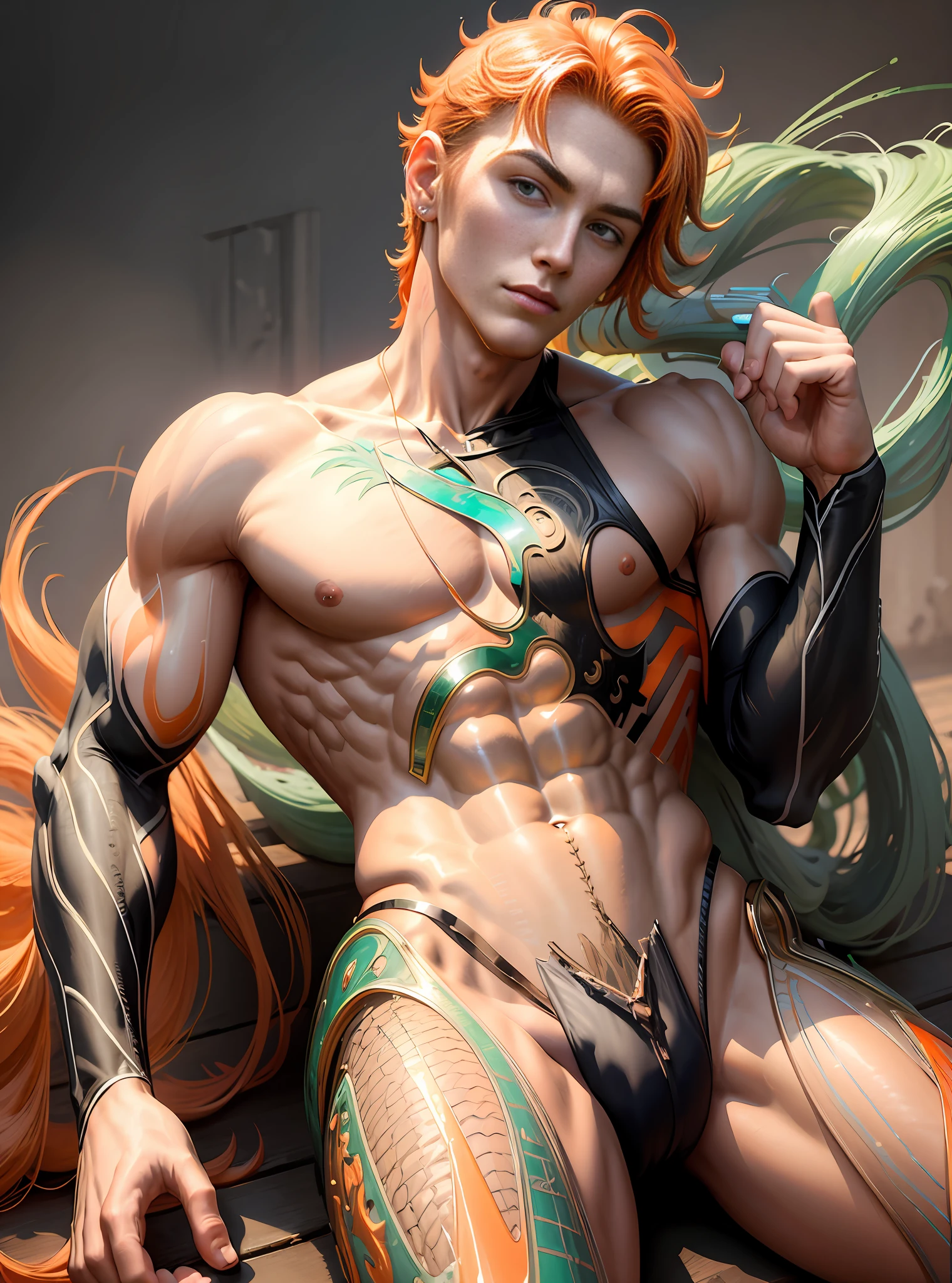 (hyper-realistic digital illustration), like a renaissance sculpture, extremely handsome boy wearing micro black tiny g string, see-through black thong, clean shaved, front view, lying on his back, holding legs raised, athletic body, (white skin), bare chest, flat chest,(long orange hair scruffy ), serene expression, small waist, muscular. best quality, high-resolution