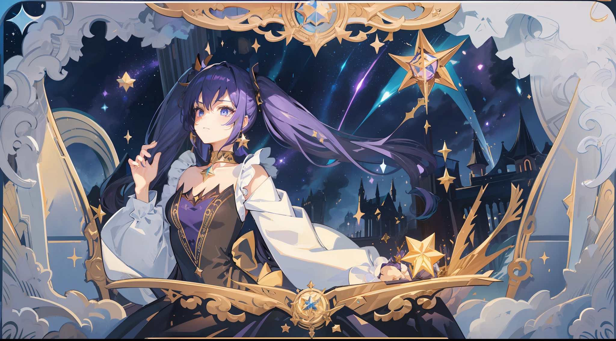 girl, solo, Mona \(Genshin Impact\), choker, hair between eyes, star \(symbol\), long hair, dark purple hair, twintails, blue eyes, shining eyes, earrings, jewelry, witch, maid, bangs, purple and black dress, purple skirt, white apron, landscape, night sky, star \(sky\), starry sky, night, outdoor, clouds, reflection, water, magic, tarot, water magic, sorceress, ((beautiful golden crystal star))
