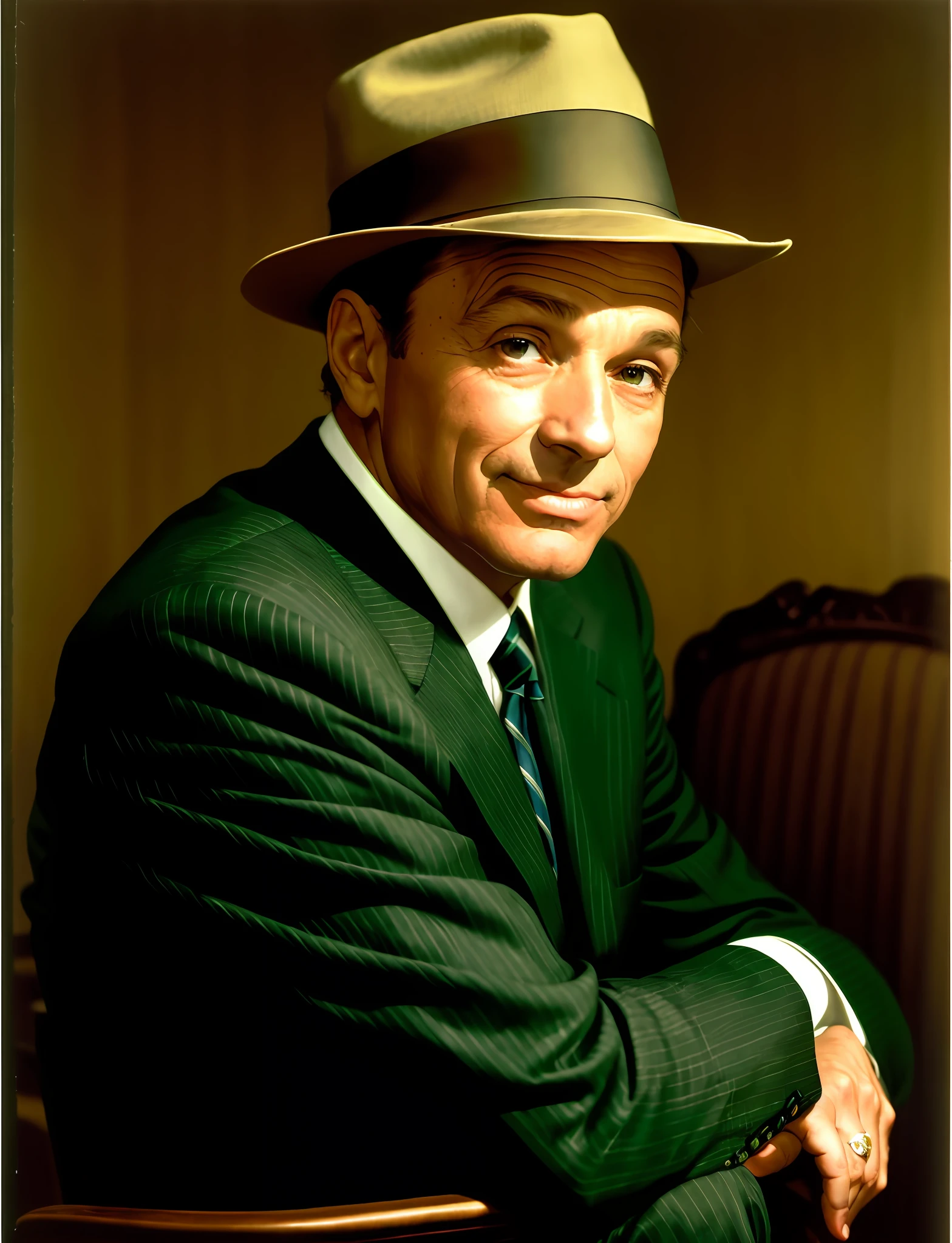 arafed man in a suit and hat sitting in a chair, frank sinatra, by Kurt Seligmann, by Yousuf Karsh, inspired by George Bogart, by George Bogart, alvin schwartz, by Maurycy Gottlieb, smug look, by Stan Galli, a suited man in a hat, handsome man, best, by Howard Knotts