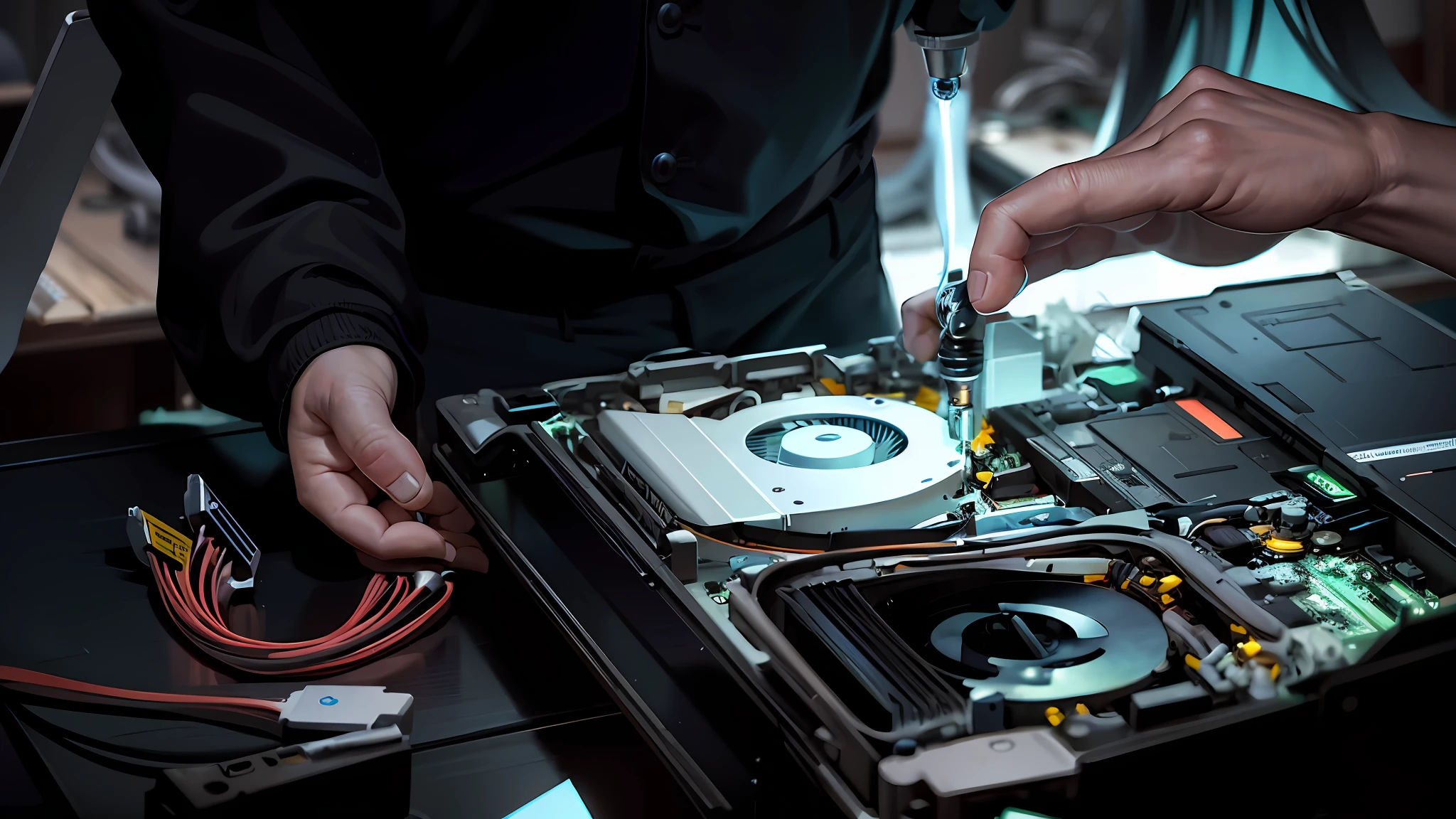 someone is repairing a laptop with a small fan and a small fan, disassemble the computer, motherboard circuitry, computer components, electronic components, computer parts, diy, broken computers and cables, advanced technology, on a dark background, it specialist, technology, computer, revealing wires and electronics, maintenance, motherboard, digitally enhanced, technical