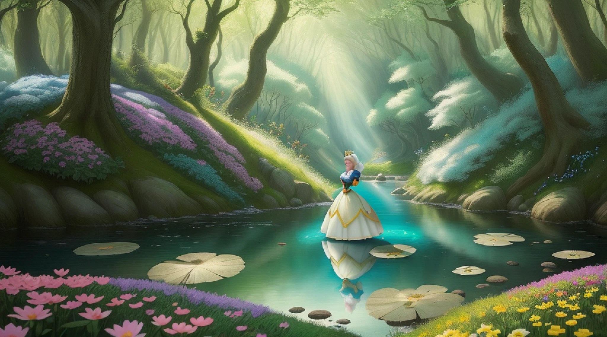a middle-aged Disney Princess Snow White wearing a crown in the woods with many cute animals near her, dancing first-person view. Many flowers of various colors. A sunny day. with a river and a fairytale castle in the background. Walt Disney cartoon style masterpiece, blonde hair, Eye-Level Shot, 135mm, masterpiece, super detail