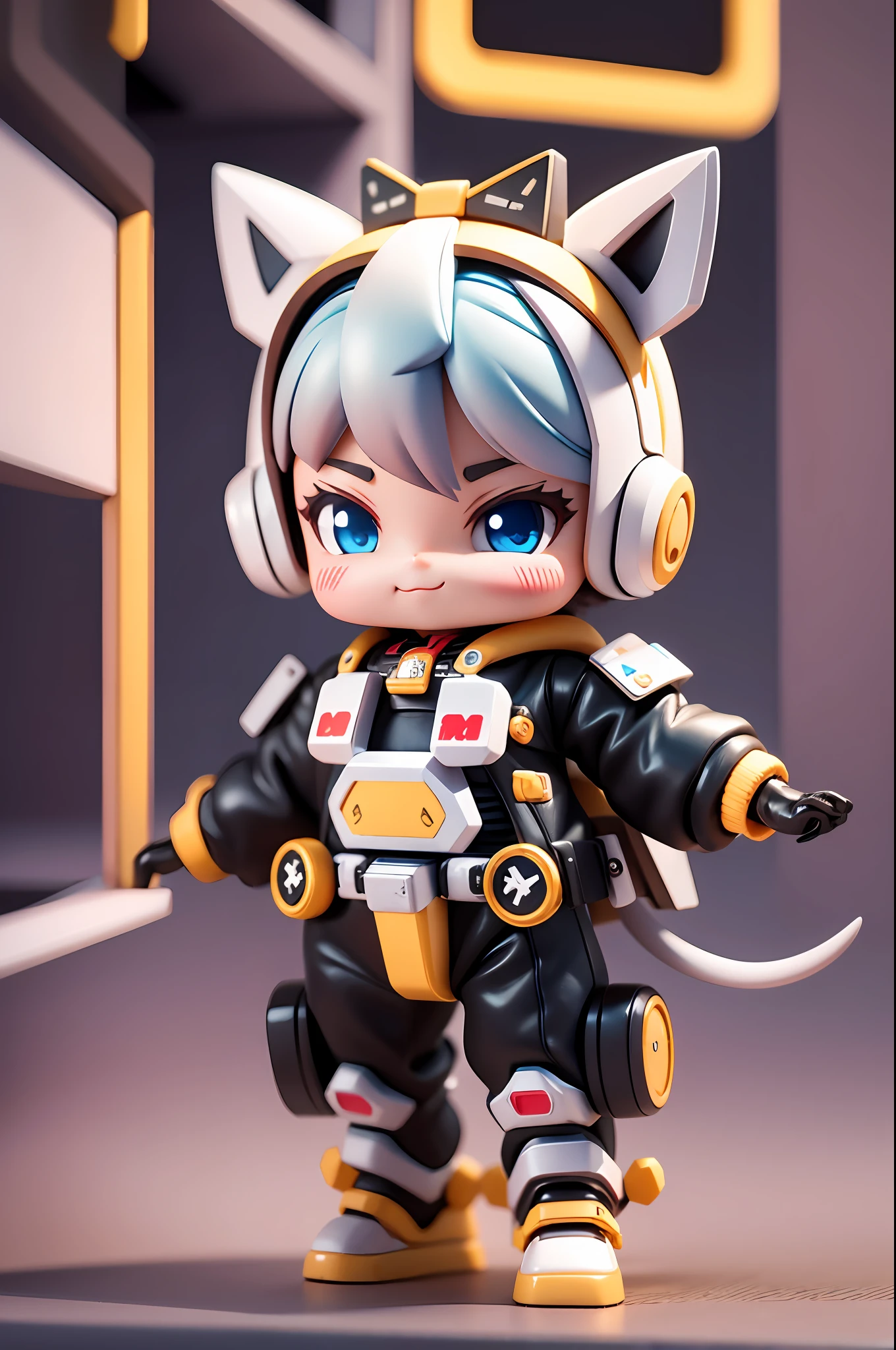 A super cool mechanical calf, cute cartoon calf, cute, playful, naughty, solid model blind box, 3D mech, laughing, smiley, smirk, fang, white metal mecha material, bubble mart style, pixar style, clay material, exquisite facial features, rich expressions, blind box style, looking at the audience, full body shot, edge light, fine light, cyberpunk, IPby pop mart, octane rendering, blender, super quality, ultra hd, 8K --AR 3:4,--niji5, expressive UHD, retina, masterpiece, ccurate, anatomically correct, textured skin, super detail, high details, high quality, award winning, best quality, highres, 8k, 16k, 8k