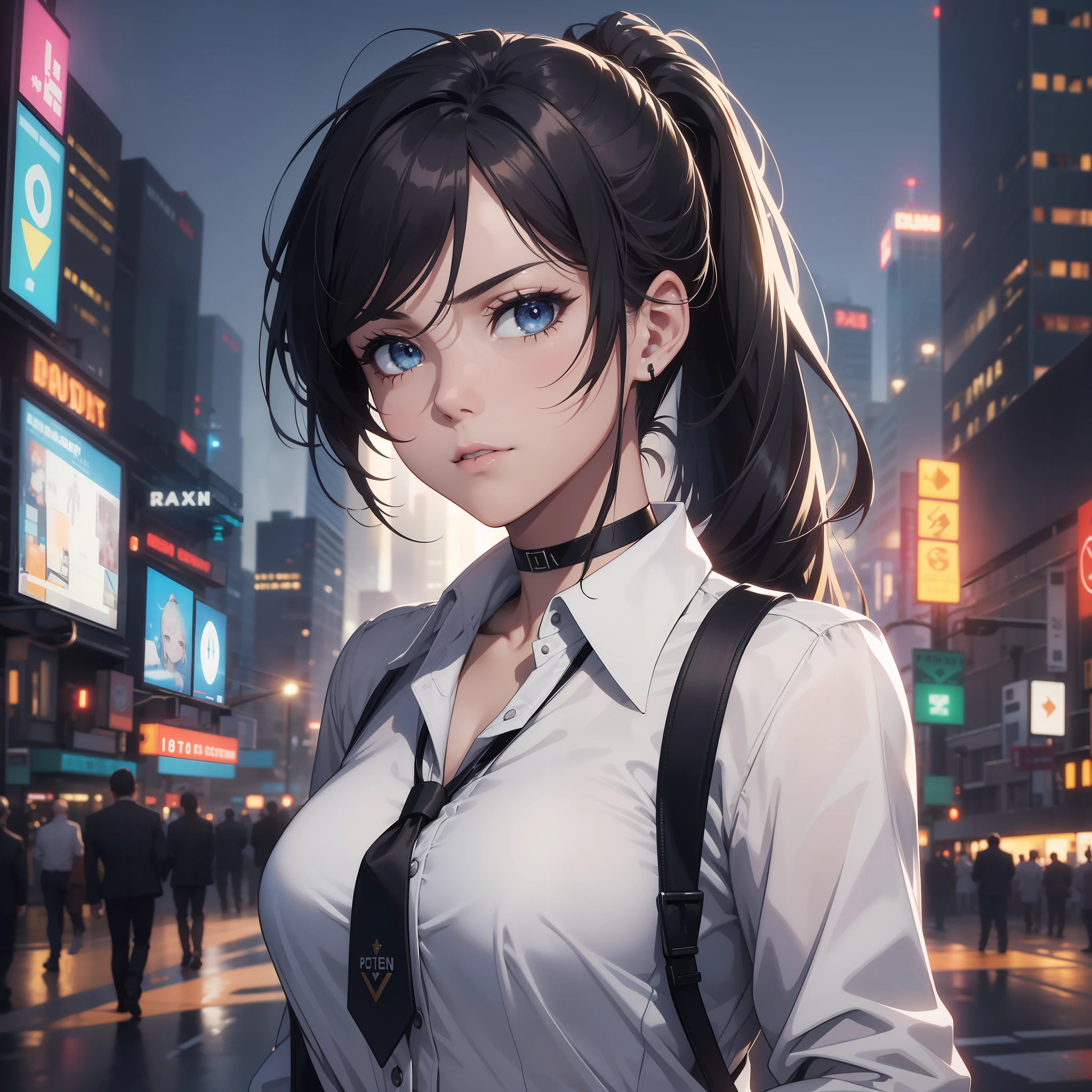 16K, HDR, RTX, raytracing, natural lighting, absurdres, best quality masterpiece, cowboy shot, perfect anatomy, highly detailed face, detailed eyes, 1girl, solo, wearing a business suit, white shirt, top button open, choker, long ponytail, extreme beautiful, edgy, cool, windy, glowing eyes, serious expressions, detailed office background, skyscrapers, award winning, neon lights, trending on art station, police, detective