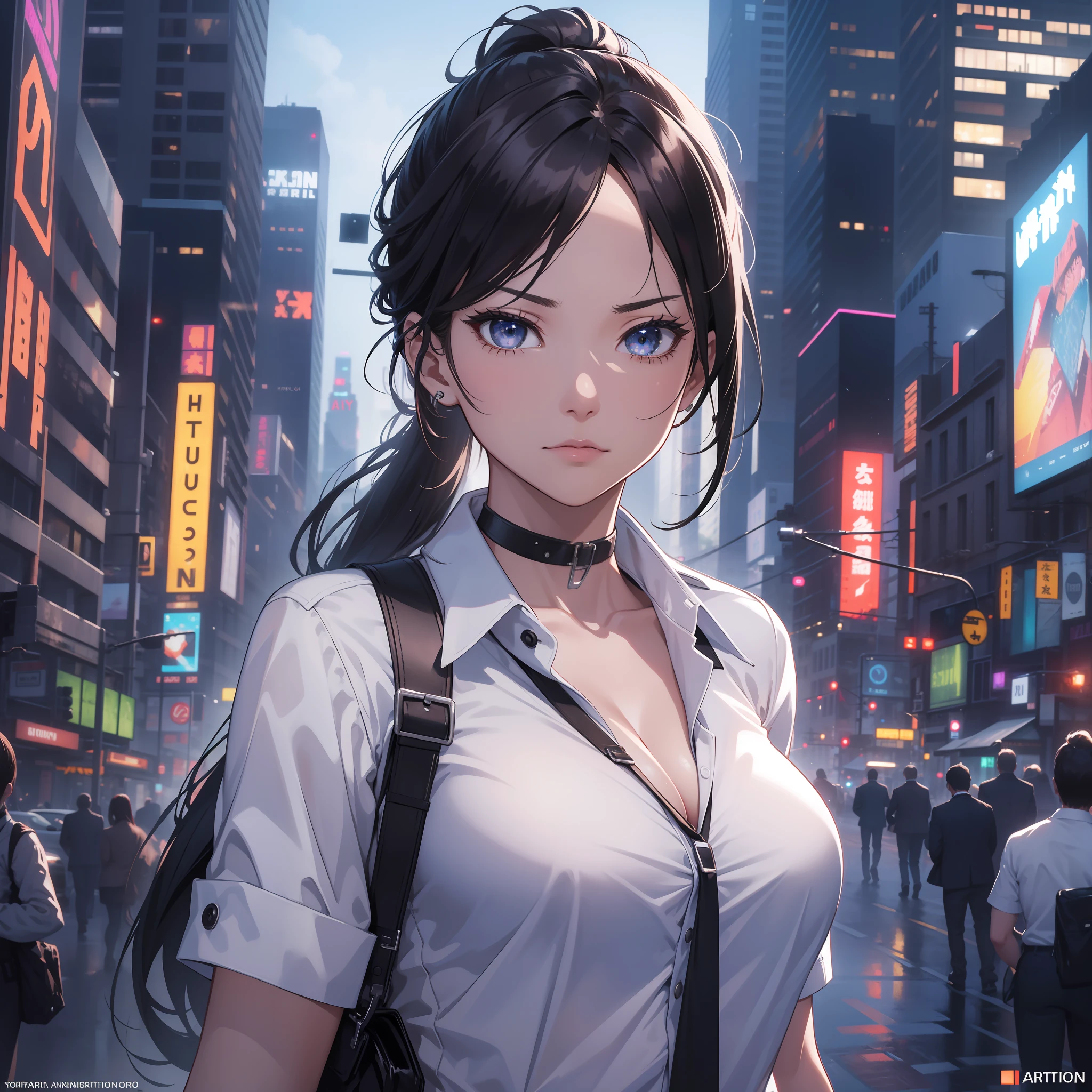 16K, HDR, RTX, raytracing, natural lighting, absurdres, best quality masterpiece, cowboy shot, perfect anatomy, highly detailed face, detailed eyes, 1girl, solo, wearing a business suit, white shirt, top button open, choker, long ponytail, extreme beautiful, edgy, cool, windy, glowing eyes, serious expressions, detailed office background, skyscrapers, award winning, neon lights, trending on art station, police, detective
