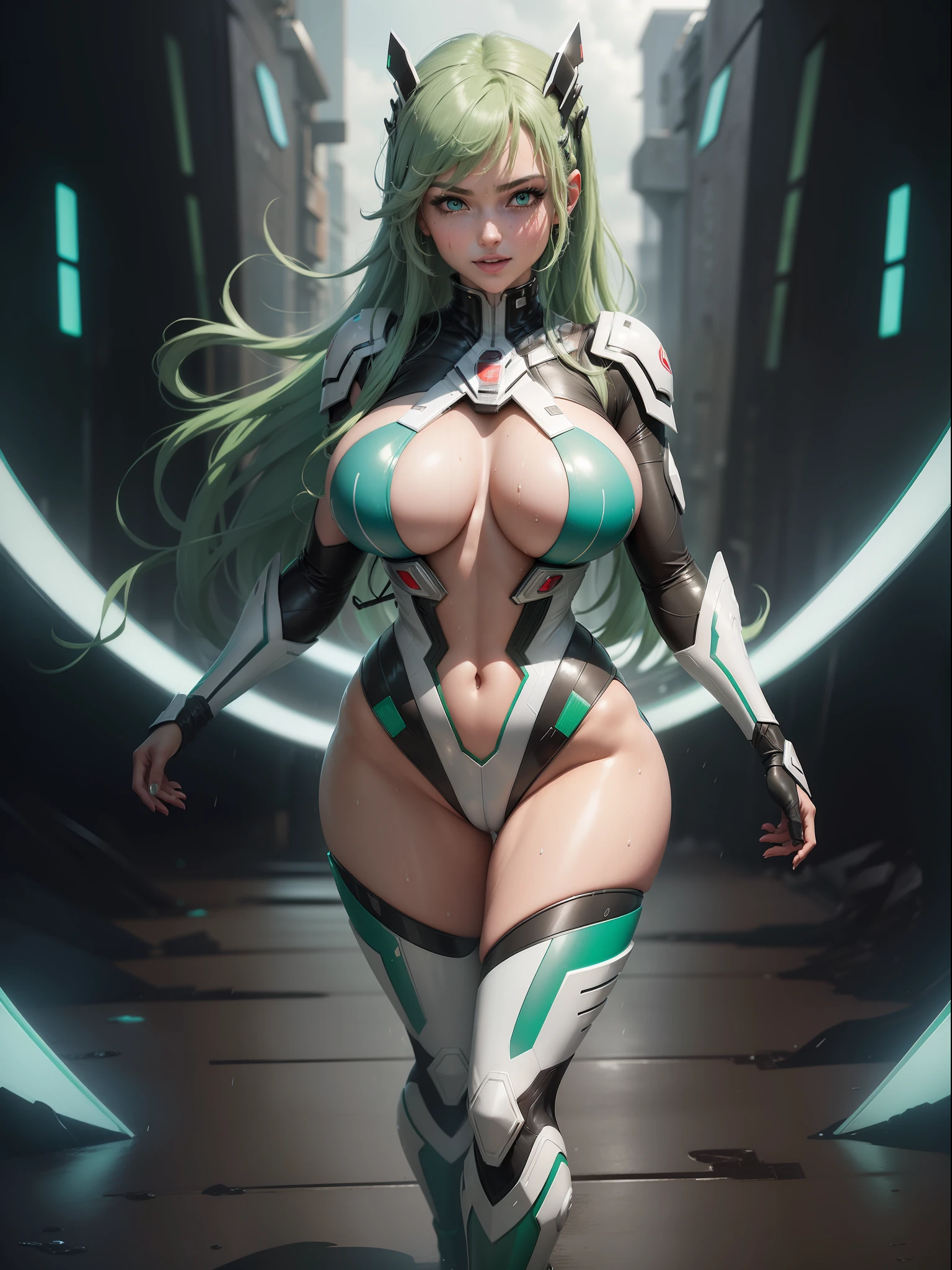 (full body image, standing, with feet on the ground),((Luana/Woman, with large breasts, black with white parts/kamen Rider/Ultraman/futuristic/transparent cemi costume, with blue jewelry on the breastplate of the suit,/extremely tight on the body)). In a futuristic city with heavy rain charged clouds in the night sky. Luana has ((short green hair with clips, blue eyes)), her hair and her clothes are extremely soaked, exhibitionist landing, is staring at the viewer, smiling. red cheek, front, anime, anime style, mortal kombat, 16k, UHD, best quality, high quality, award winning, anatomically correct, masterpiece
