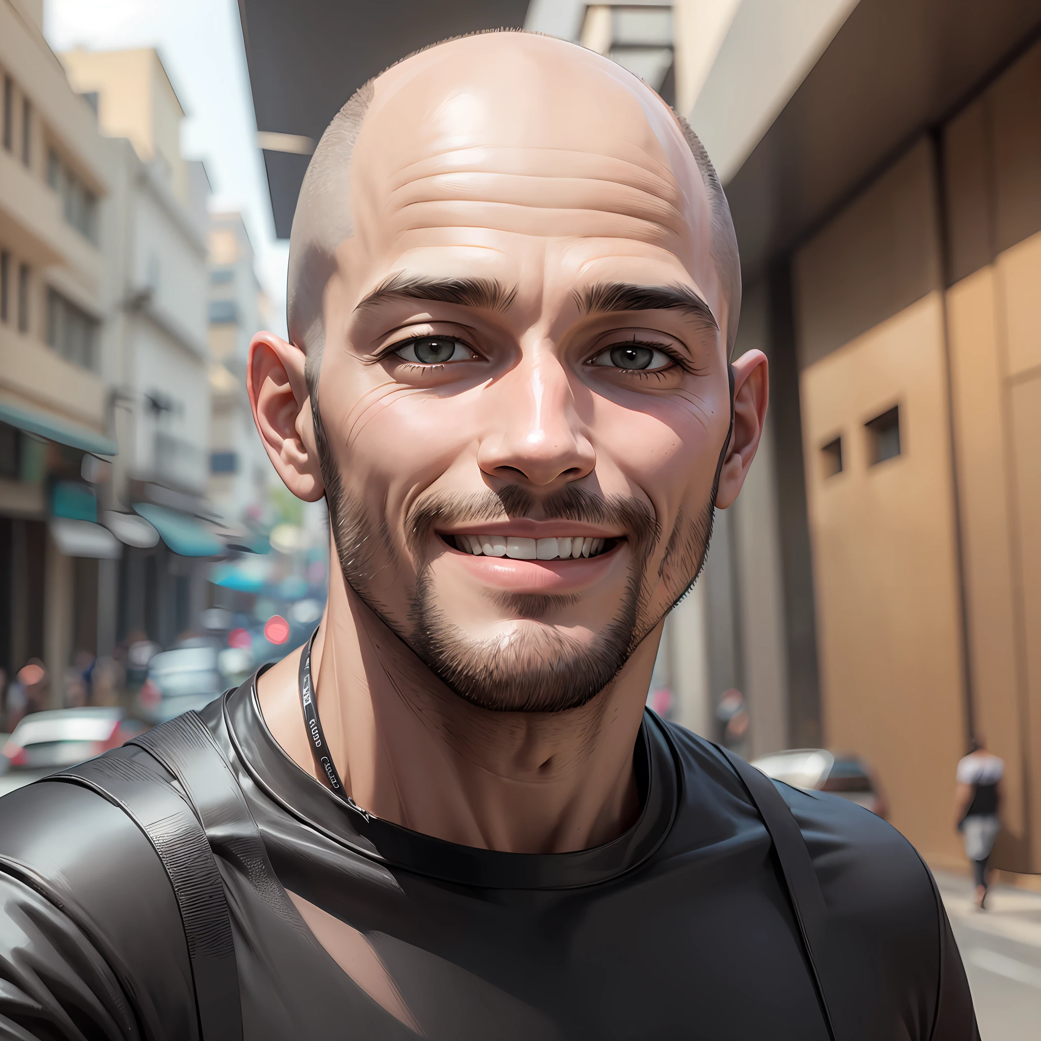 real human man, with baldness, smiling and making selfie in brazil with a black shirt --auto --s2