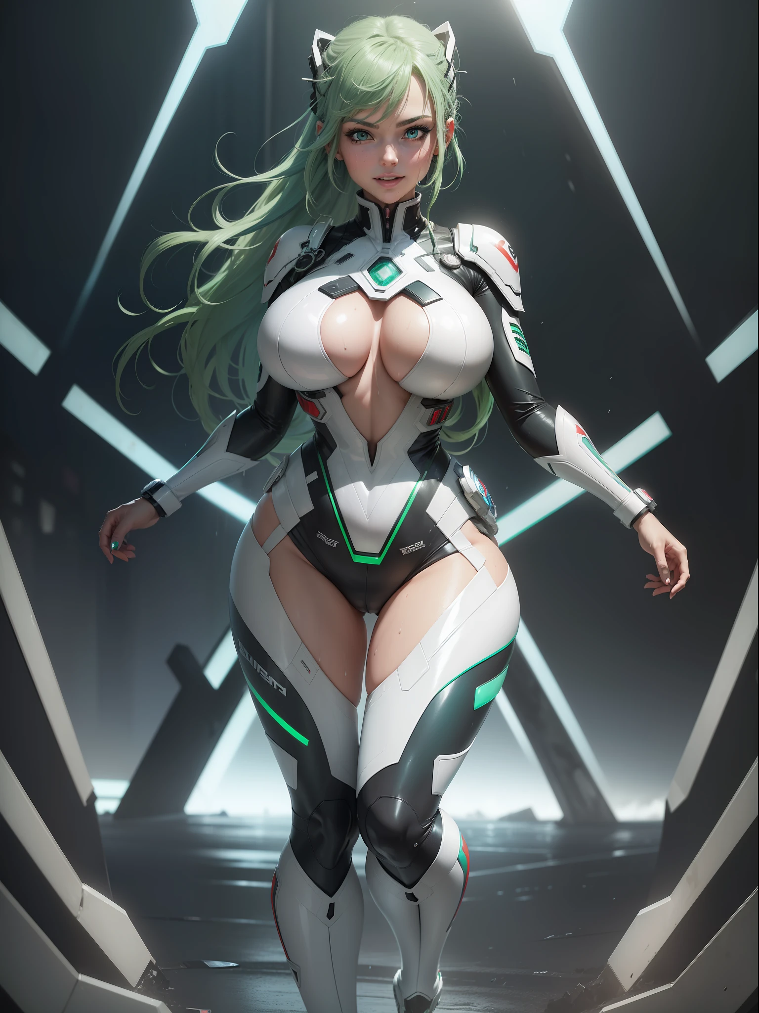 (full body image, standing, with feet on the ground),((Luana/Woman, with large breasts, black with white parts/kamen Rider/Ultraman/futuristic/transparent cemi costume, with blue jewelry on the breastplate of the suit,/extremely tight on the body)). In a futuristic city with heavy rain charged clouds in the night sky. Luana has ((short green hair with clips, blue eyes)), her hair and her clothes are extremely soaked, exhibitionist landing, is staring at the viewer, smiling. red cheek, front, anime, anime style, mortal kombat, 16k, UHD, best quality, high quality, award winning, anatomically correct, masterpiece