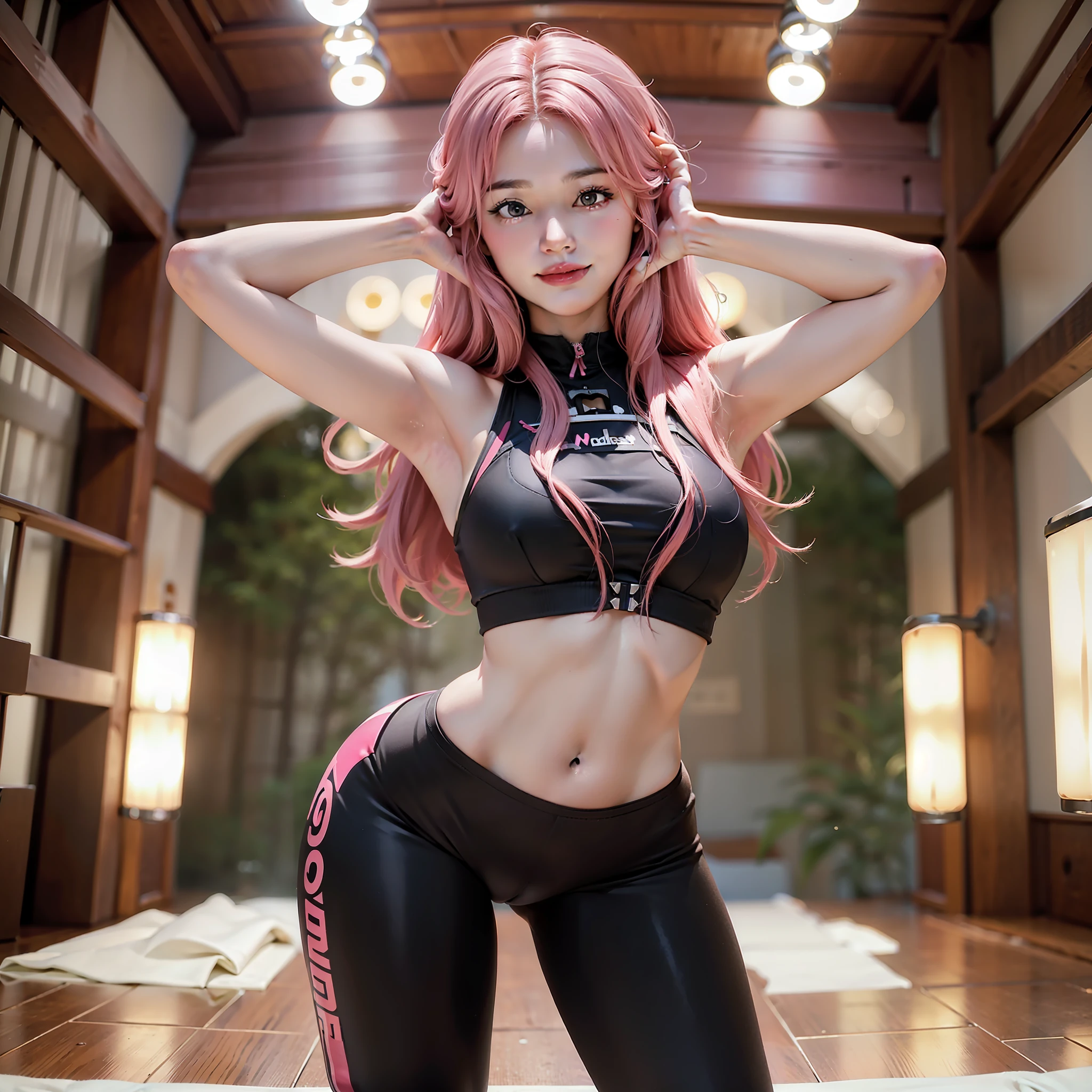 (Photorealistic: 1.4), Ultra High Res, Sweet Girl, 1 Girl, (((Front Full Body Shot))), High Quality, Masterpiece, Masterpiece, Delicate Portrayal of Facial Features, Extremely Large Breasts, ((Medium Chest)), 8K, Super Clear Details, Tight Transparent Yoga Pants, Very Thin Waist, ((Sexy Crotch)), Smile, Lace, Openwork, Clear Yoga Top, Piracing ,((buttocks)), pink hair, movement, random pose, silhouette,