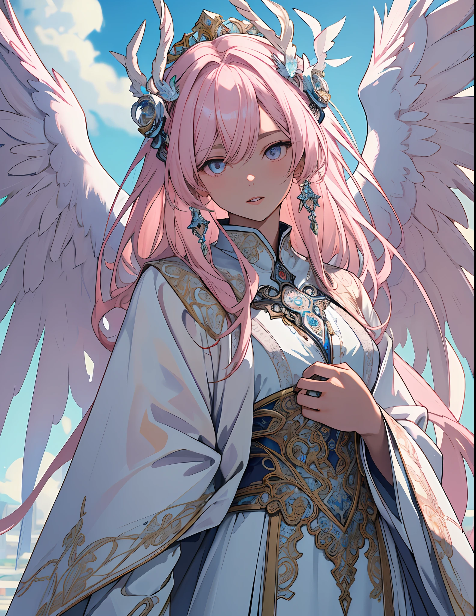 ((raw photo)), ((masterpiece)), anthropomorphic humanoid AngelGirl wearing white noble robe, intricate detail, futobot, intricate Greebles pieces, sky behind, pink, beautiful wings, detailed eyes and lips