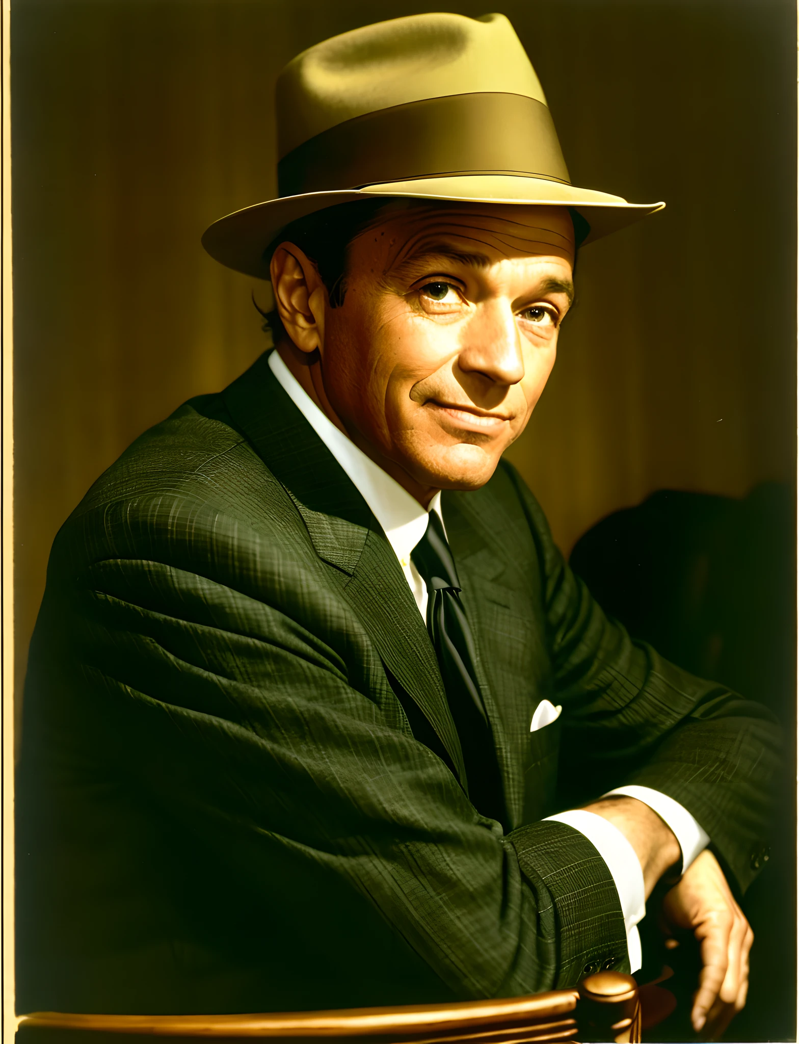 arafed man in a suit and hat sitting in a chair, frank sinatra, by Kurt Seligmann, by Yousuf Karsh, inspired by George Bogart, by George Bogart, alvin schwartz, by Maurycy Gottlieb, smug look, by Stan Galli, a suited man in a hat, handsome man, best, by Howard Knotts