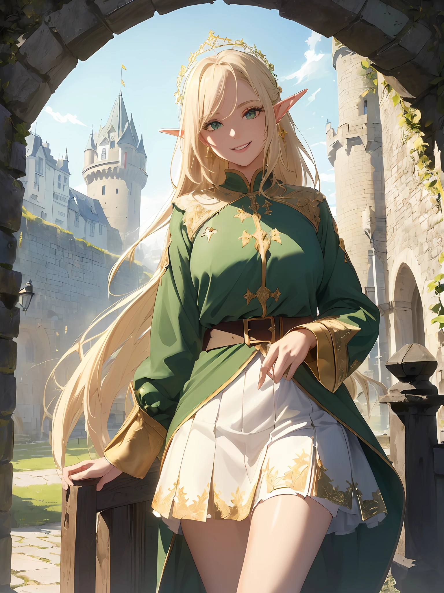 (((Masterpiece, highest quality, high definition, high detail)))), ((((Fantasy)))), one, (Elf woman)))), (white short skirt embroidered with gold), (blonde long straight hair), (glossy dark green eyes), (green surcoat embroidered with gold), big, (Gate of the Giant City Wall)))), ( The open city gate is a bridge to the moat in front of the castle gate)), ((You can see a huge castle on the other side of the open castle gate)), (((Castle guards on the left and right of the castle gate)), tilting your head, smiling, (breeze), particles of light flying