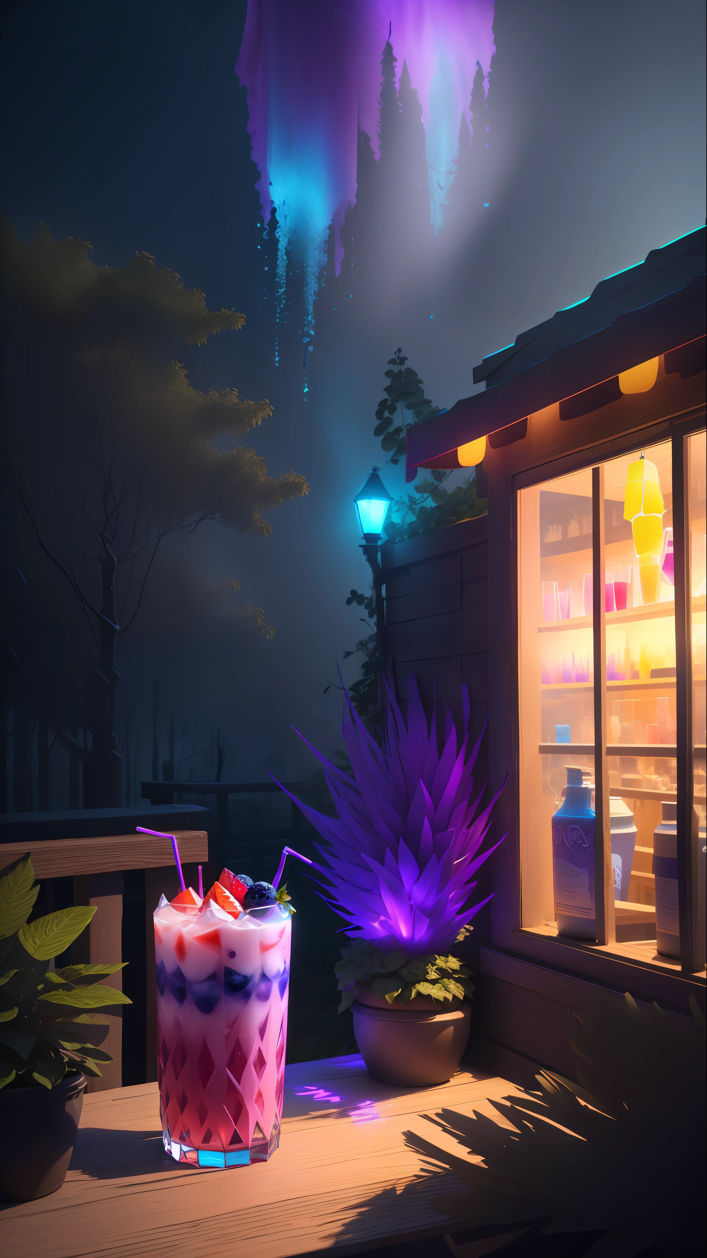 a purple glowing ***___Blueberry and Strawberry Daquarri Cocktail___*** glows in the dark, in the style of imaginative fantasy landscapes, ***___on the balcony of a Rustic Jazz bar, Epic Gas Swamp Background,___*** detailed character design, hyper-realistic details, atmospheric woodland imagery, lightbox, colorful woodcarvings, uhd image, very cool, colorful straws, isometric 3D, octane rendering, ray tracing, very detailed