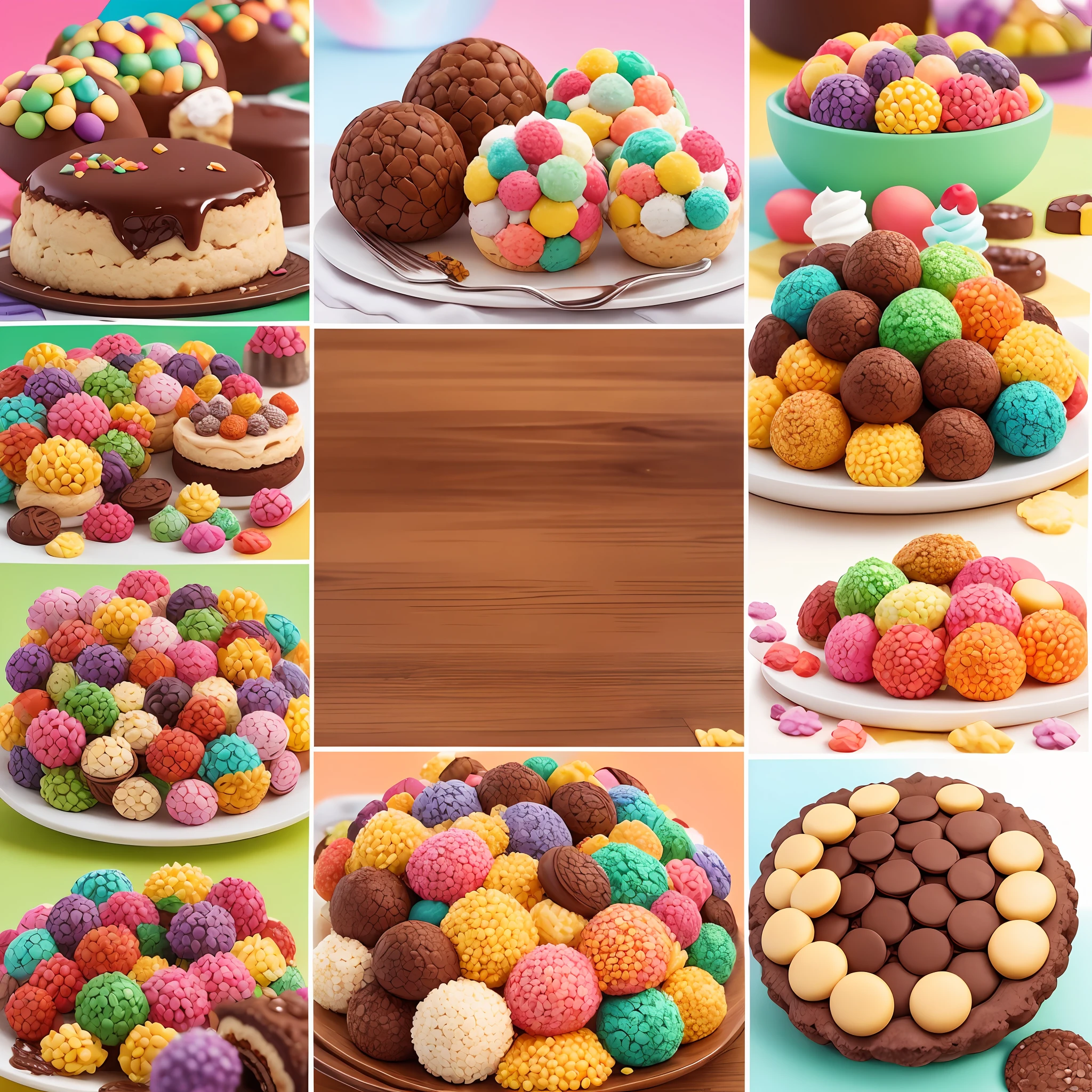 Assembly of different types of sweets on a colorful background: You can create a collage with images of various sweets, such as brigadeiros, brownies, cookies and pies, attractively arranged on a vibrant background. This will convey the diversity and variety of recipes that will be found in the eBook --auto --s2