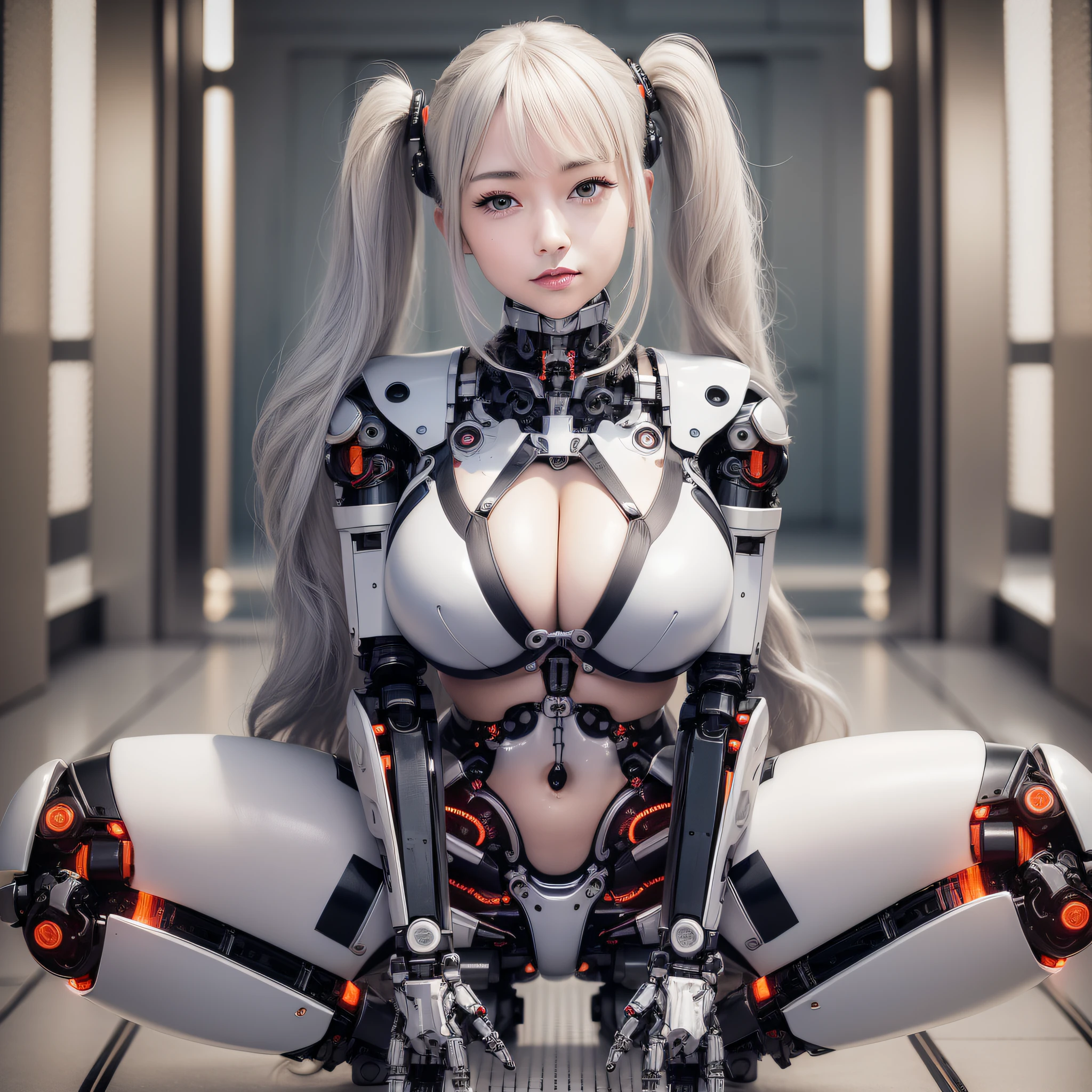 Beautiful Face,face is Japan, 1 woman, Curvaceous, Top quality, Masterpiece, Super detailed, ((((Bikini Cyborg Robot Parts)))), (Light Gray Hair), Long Hair, Wavy Hair, Twin Tails, Medium Shot, ((Seductive Smile)), (Black Eyes), Princess Cut, (Cowboy Shot),Squatting,Spread Your Legs,HR Giger,