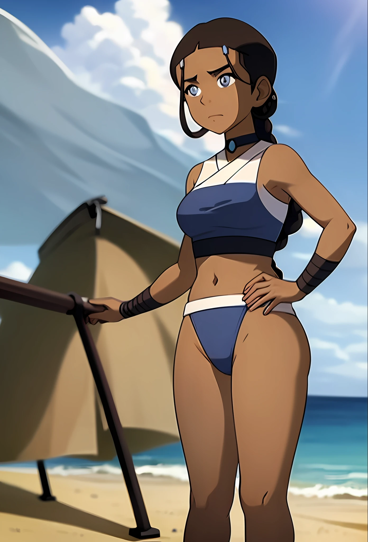 Masterpiece, best quality, 1girl, Katara, toned, dark skin, braid, jewelry, looking at viewers, beach background, sunshine, sky, cloud, (blue eyes: 0.6), wearing a bikini, big,