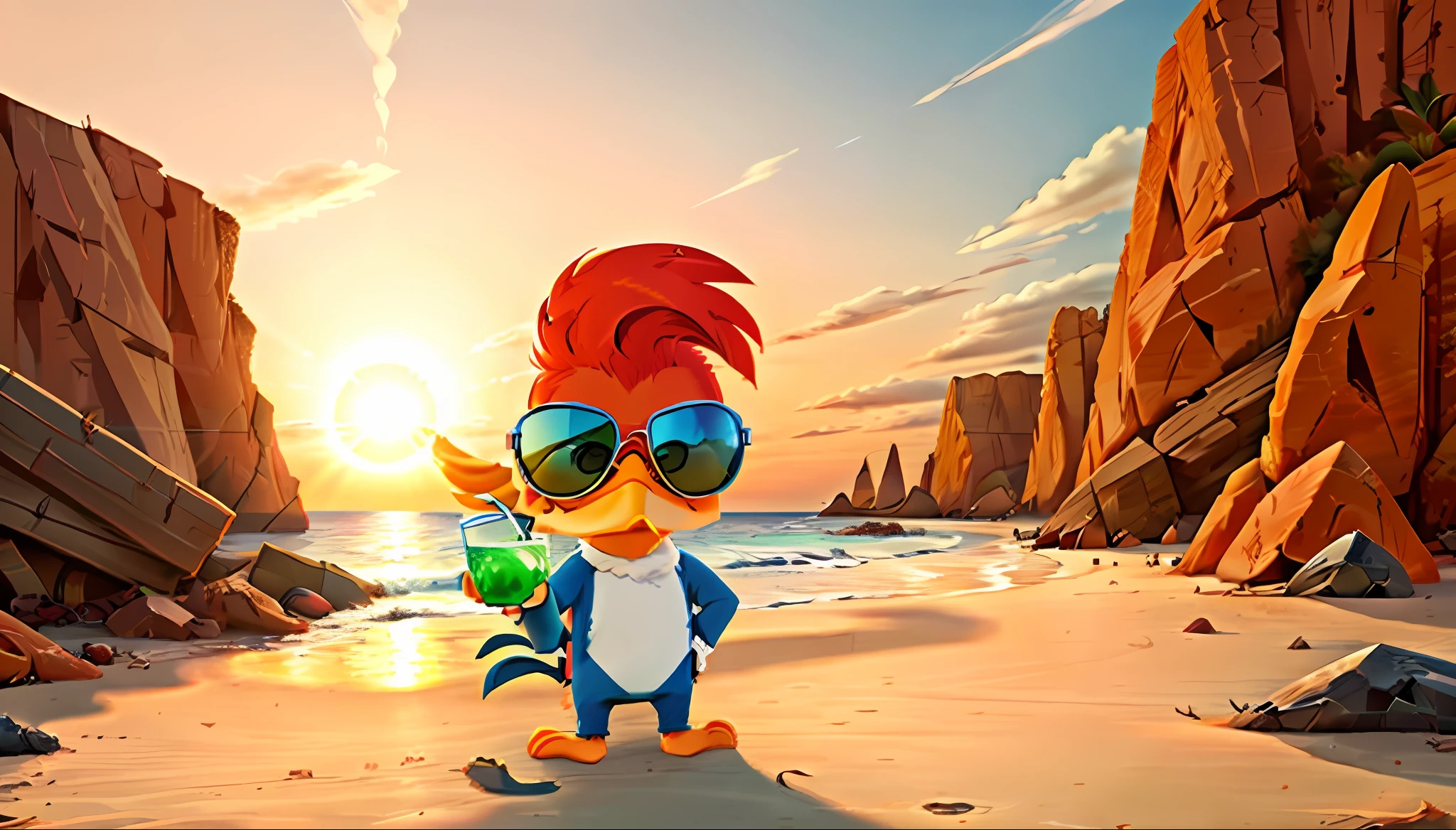 Drinking a drink on the beach, looking at the sunset from back to photo of sunglasses, cartoon, 2d, beak