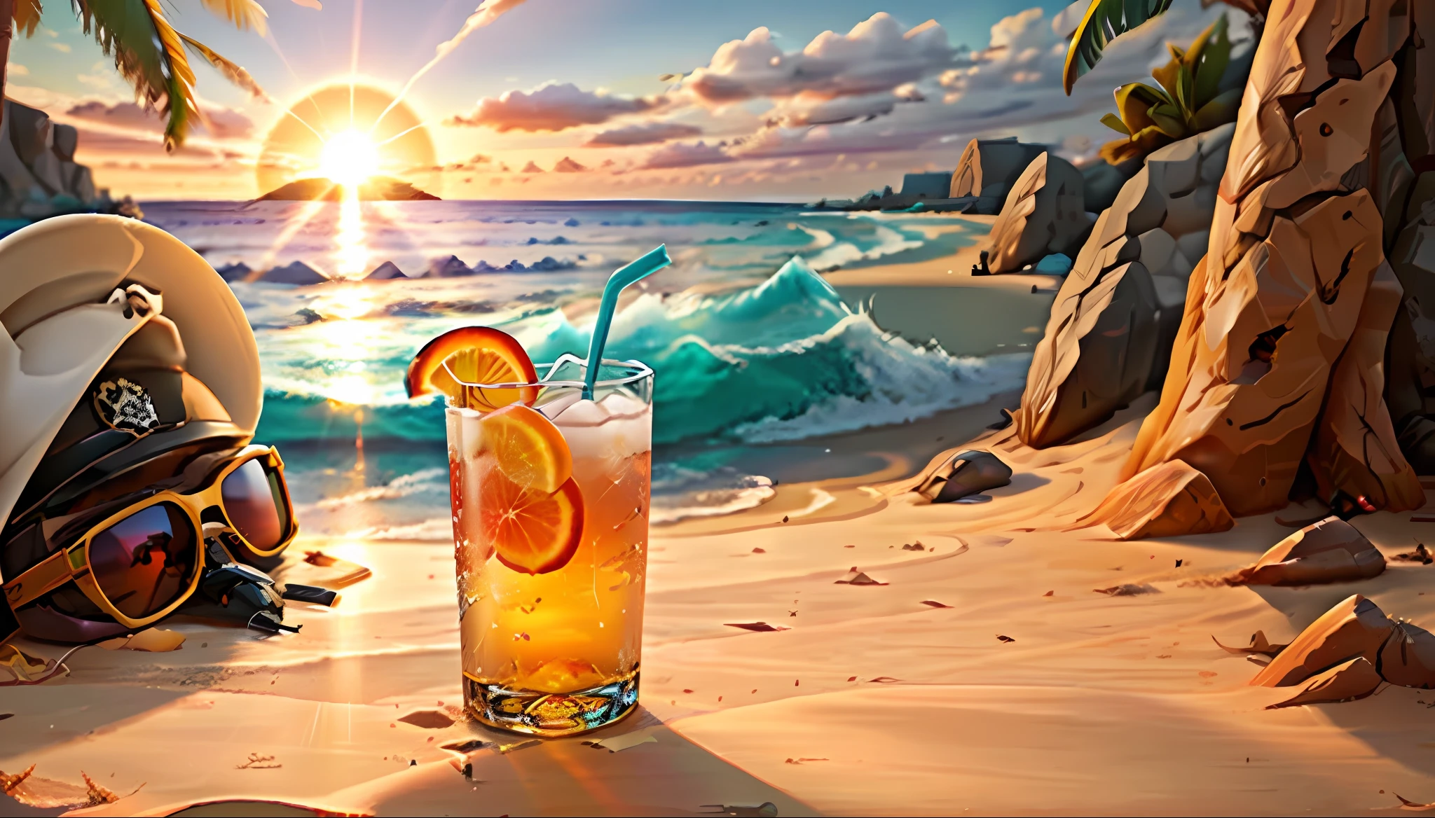 Drinking a drink on the beach, looking at the sunset from back to photo of sunglasses, cartoon, 2d, beak