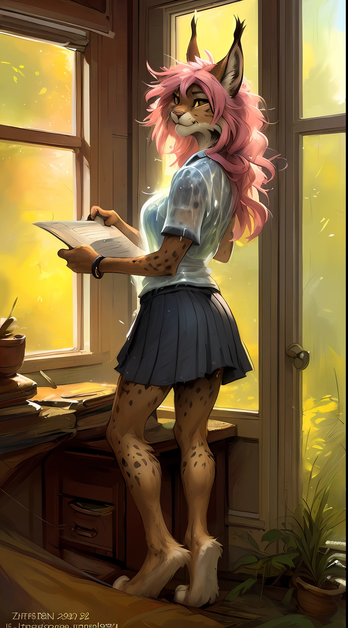 uploaded the e621, beautiful and detailed portrait of a woman (((woman))) anthro lynx, kenket, Ross Tran, ruan jia, uploaded to e621, zaush, foxovh, lighting zenematic, seductive, bl, lynx, thighighs, medium chest, full body, beautiful, messy hair, pink hair, schoolgirl uniform ((wet shirt)), young girl ((18 years)), back, butt, bedroom