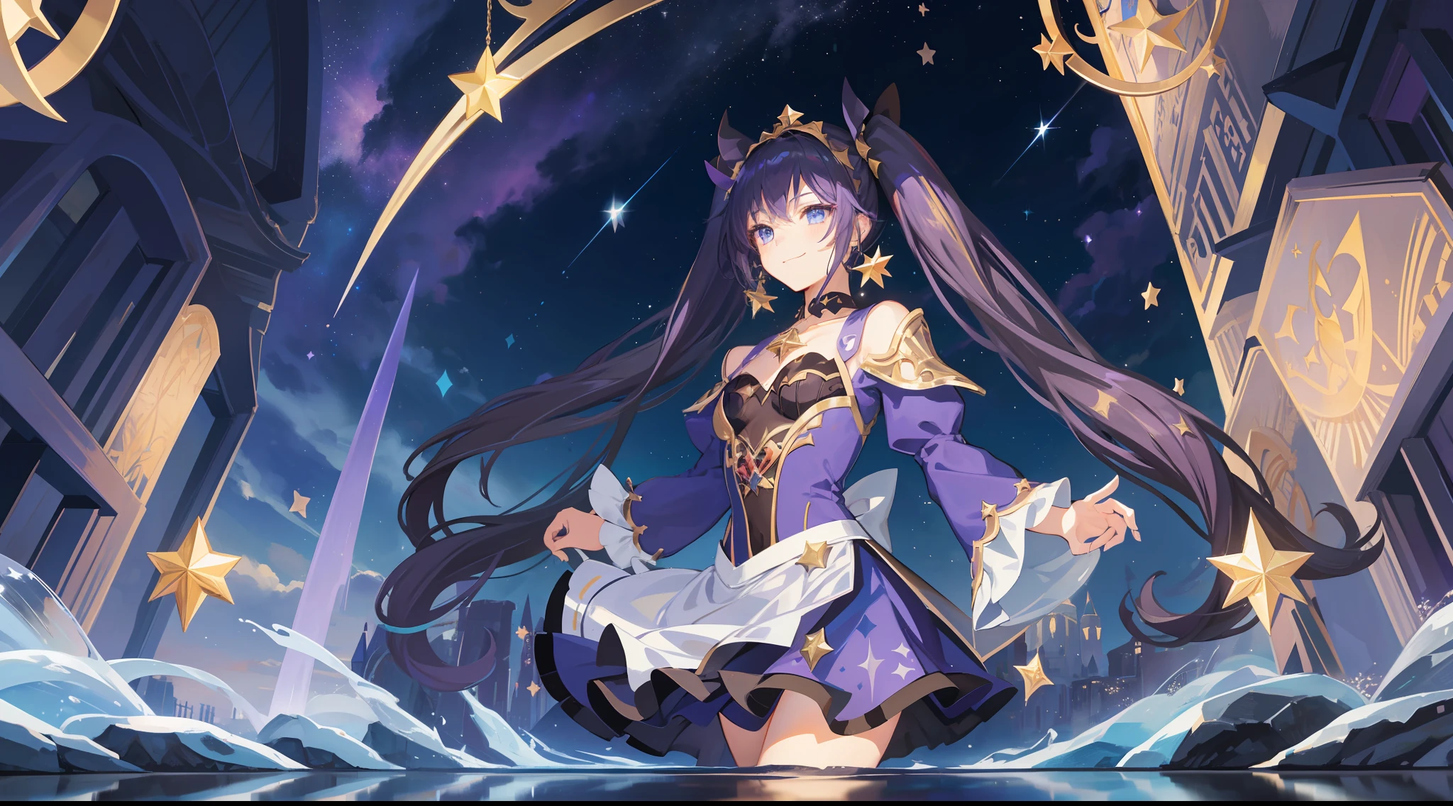 girl, solo, Mona \(Genshin Impact\), choker, hair between eyes, star \(symbol\), long hair, dark purple hair, twintails, blue eyes, shining eyes, smile, earrings, jewelry, witch, maid, bangs, purple black dress, purple skirt, white apron, landscape, night sky, star \(sky\), starry sky, night, outdoor, clouds, reflection, water, magic, tarot, water magic, ((beautiful golden crystal star))