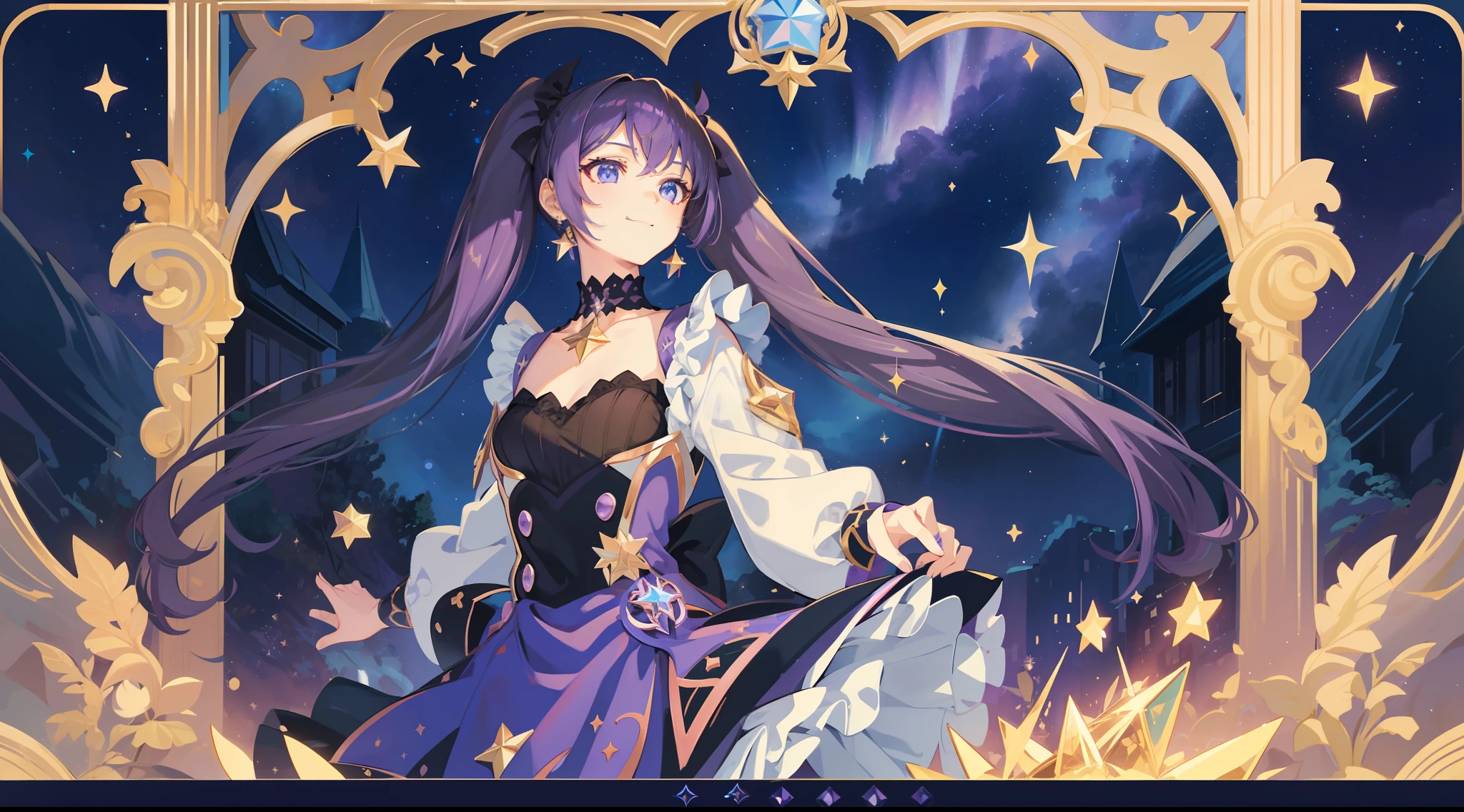 girl, solo, Mona \(Genshin Impact\), choker, hair between eyes, star \(symbol\), long hair, dark purple hair, twintails, blue eyes, shining eyes, smile, earrings, jewelry, witch, maid, bangs, purple black dress, purple skirt, white apron, landscape, night sky, star \(sky\), starry sky, night, outdoor, clouds, reflection, water, magic, tarot, water magic, ((beautiful golden crystal star))