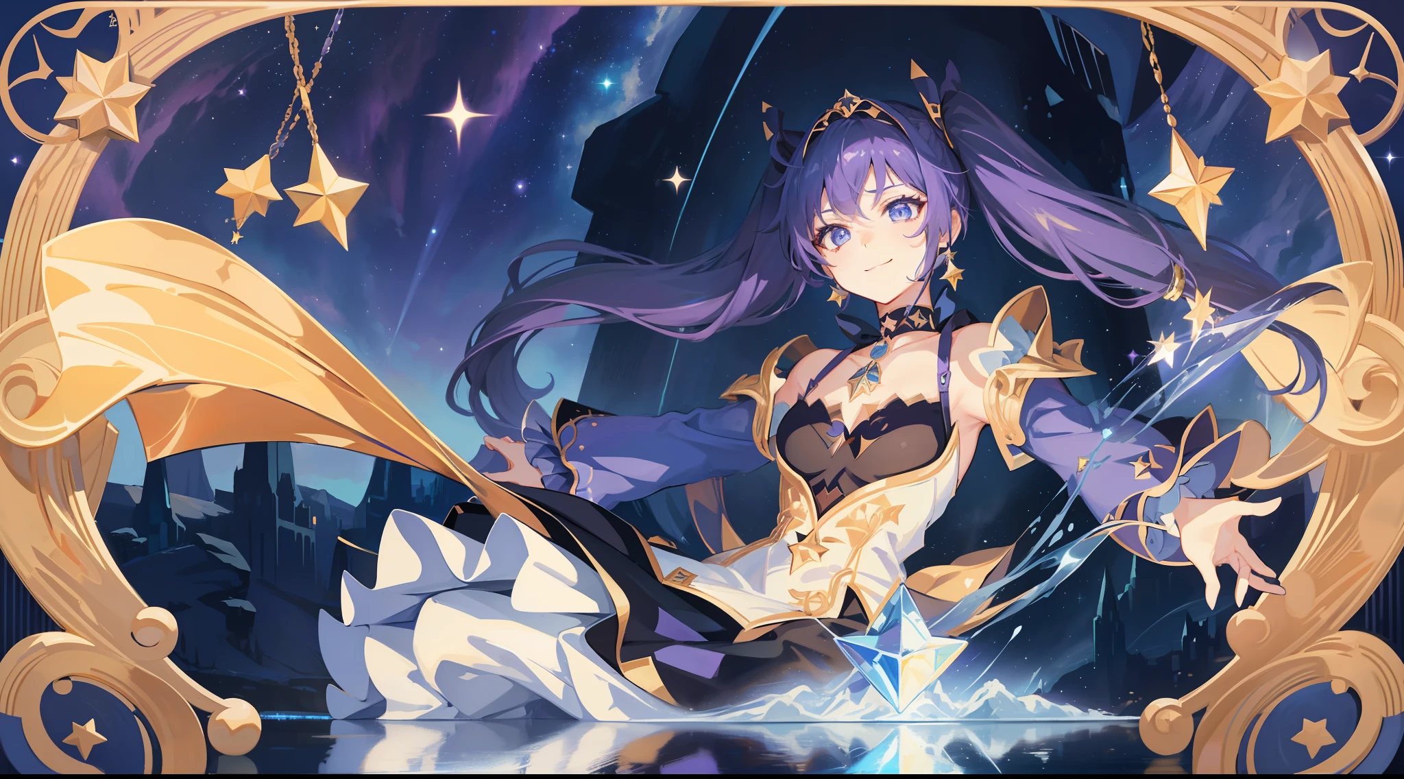 girl, solo, Mona \(Genshin Impact\), choker, hair between eyes, star \(symbol\), long hair, dark purple hair, twintails, blue eyes, shining eyes, smile, earrings, jewelry, witch, maid, bangs, purple black dress, purple skirt, white apron, landscape, night sky, star \(sky\), starry sky, night, outdoor, clouds, reflection, water, magic, tarot, water magic, ((beautiful golden crystal star))