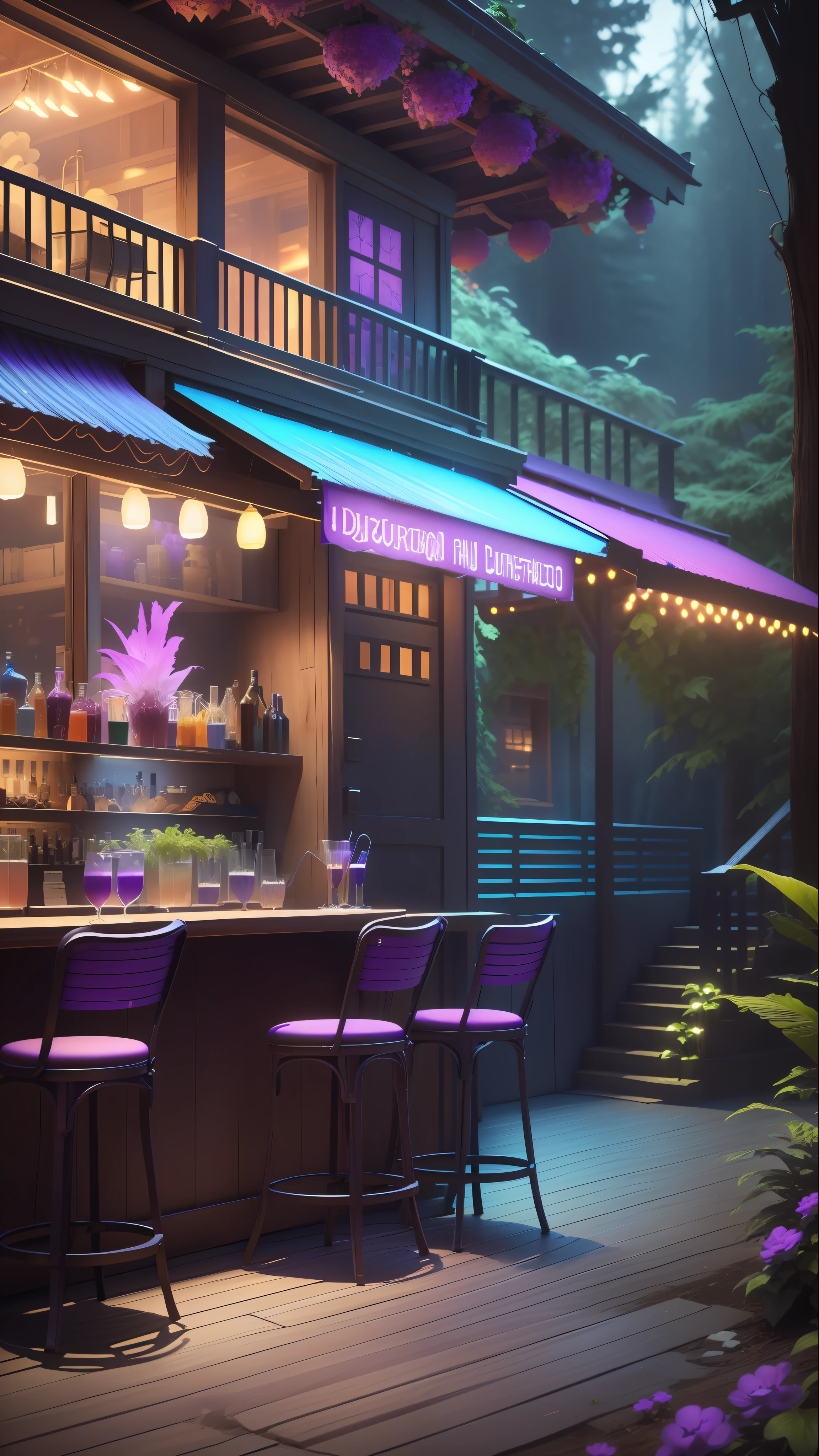 a purple glowing ***___Blueberry and Strawberry Daquarri Cocktail___*** glows in the dark, in the style of imaginative fantasy landscapes, ***___on the balcony of a Rustic Jazz bar, Epic Gas Swamp Background,___*** detailed character design, hyper-realistic details, atmospheric woodland imagery, lightbox, colorful woodcarvings, uhd image, very cool, colorful straws, isometric 3D, octane rendering, ray tracing, very detailed