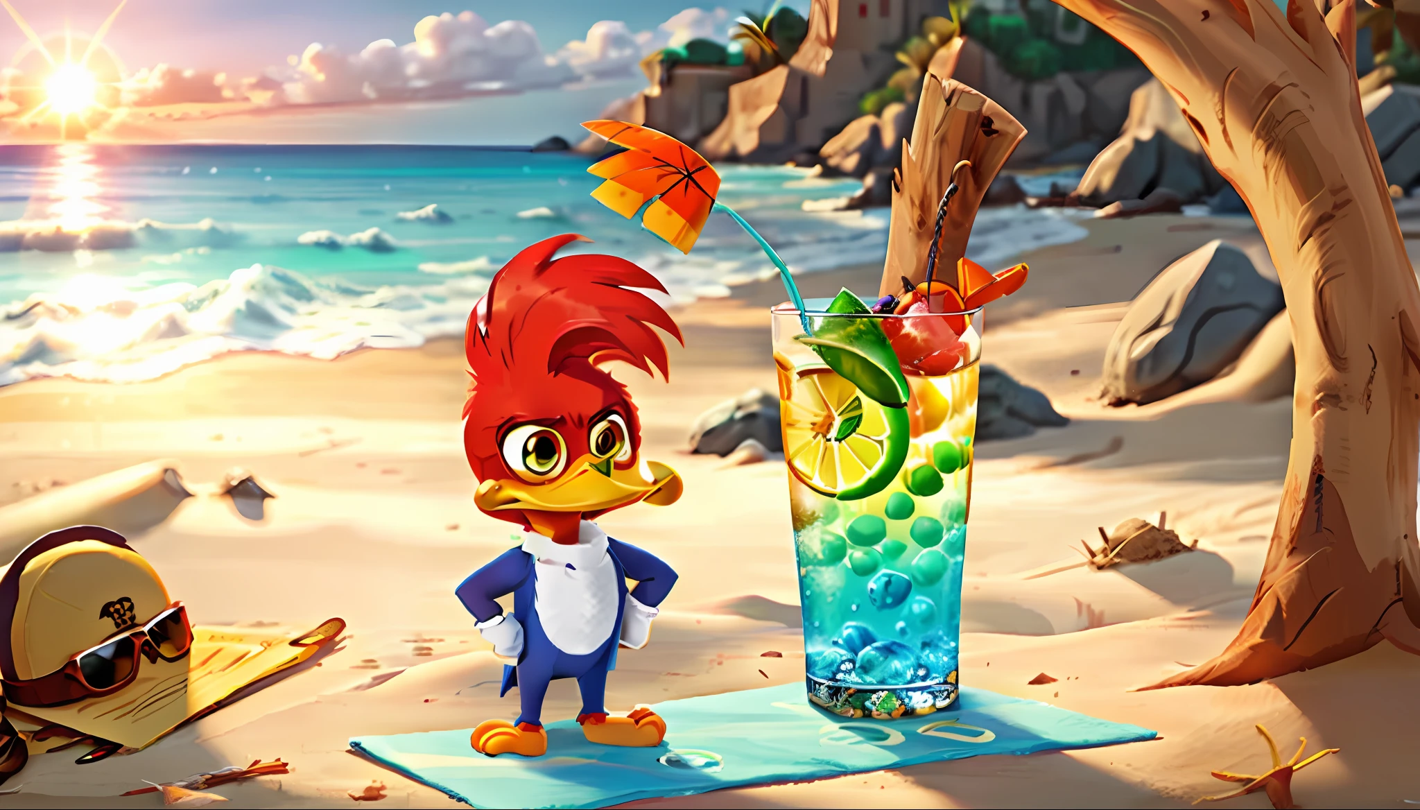Drinking a drink on the beach watching the sunset from sunglasses, cartoon, 2d, beak