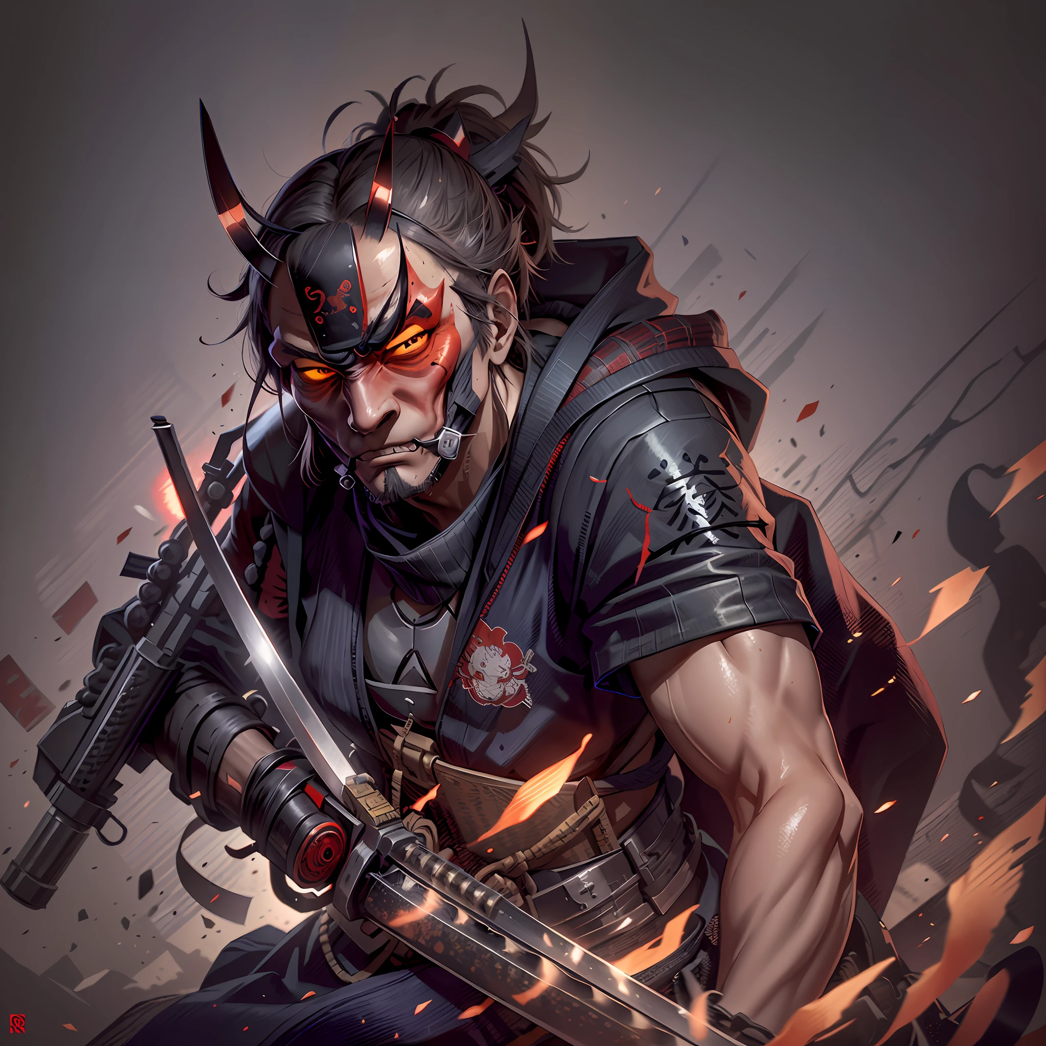 Samurai with the oni mask, holding a katana and a mk18 rifle --auto --s2