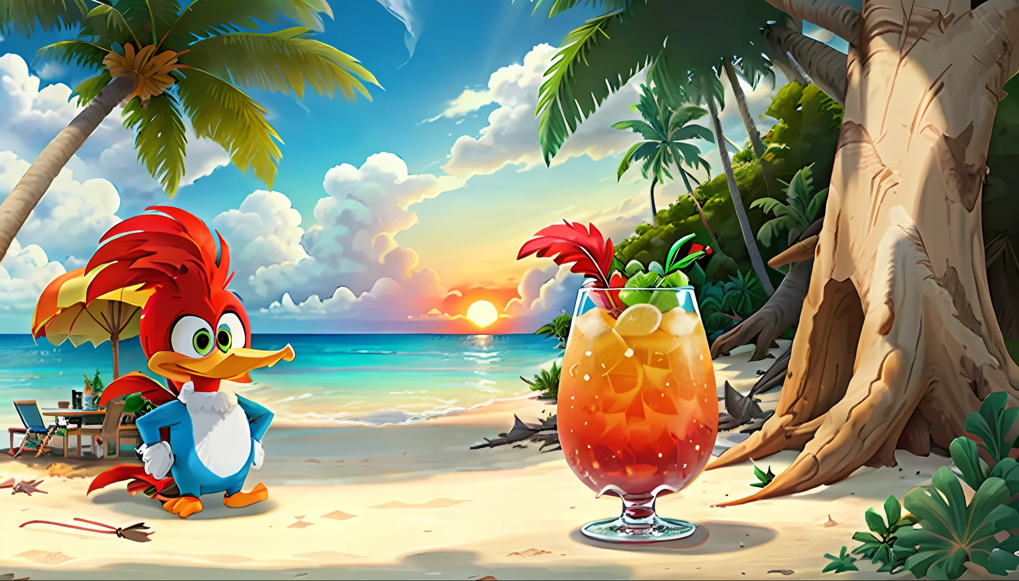 Drinking a drink on the beach watching the sunset, coconut trees in the background, cartoon, 2d, beak