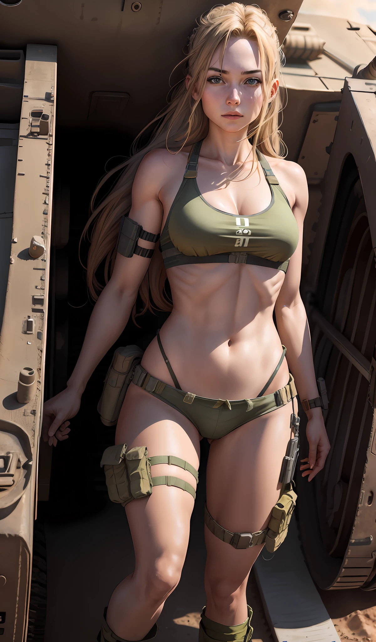 4k, realistic, lots of detail, there is a girl in a tank, she is a soldier, war theme, wearing a bikini, long hair, 25 years, full body