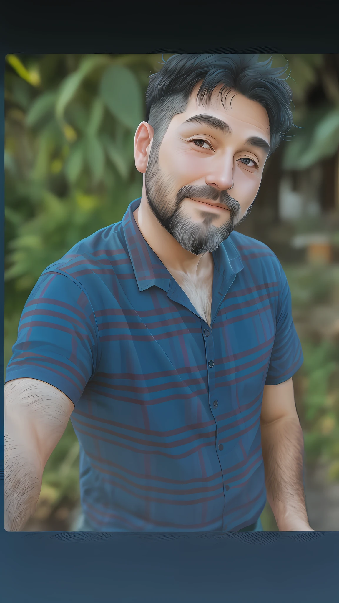 A man of thirty years, short black hair, short beard and normal body.