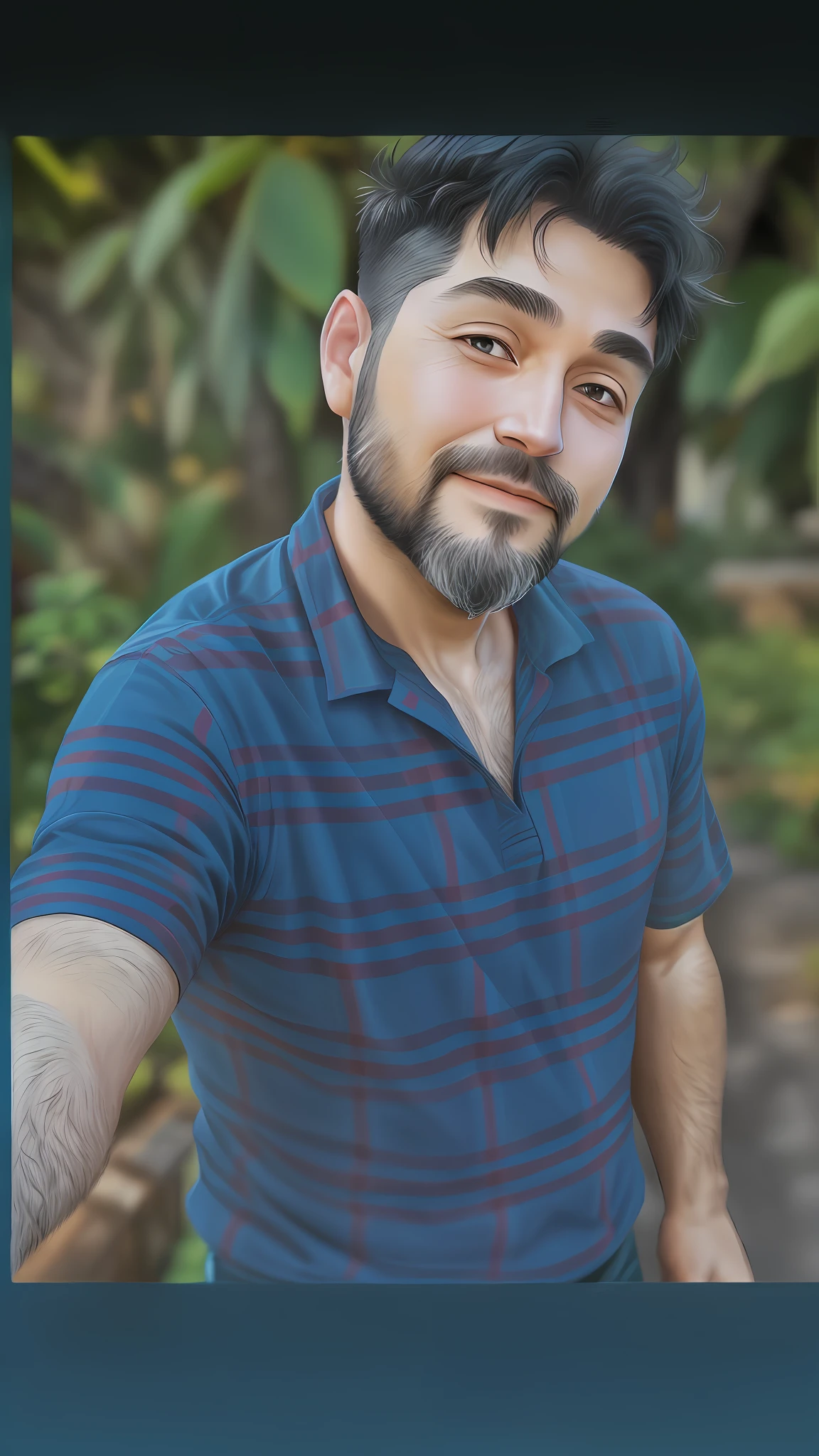 A man of thirty years, short black hair, short beard and normal body.