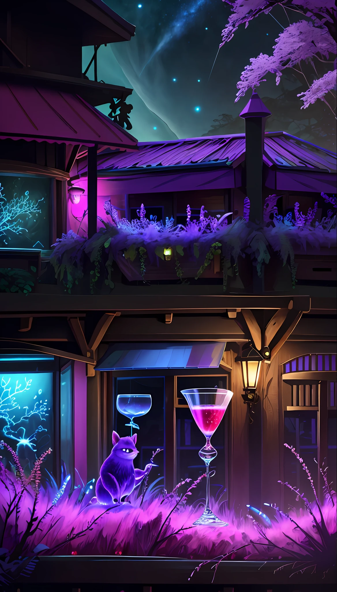 a purple glowing ***___Blueberry and Strawberry Daquarri Cocktail___*** glows in the dark, in the style of imaginative fantasy landscapes, ***___on the balcony of a Rustic Jazz bar, Epic Gas Swamp Background,___*** detailed character design, hyper-realistic details, atmospheric woodland imagery, lightbox, colorful woodcarvings, uhd image