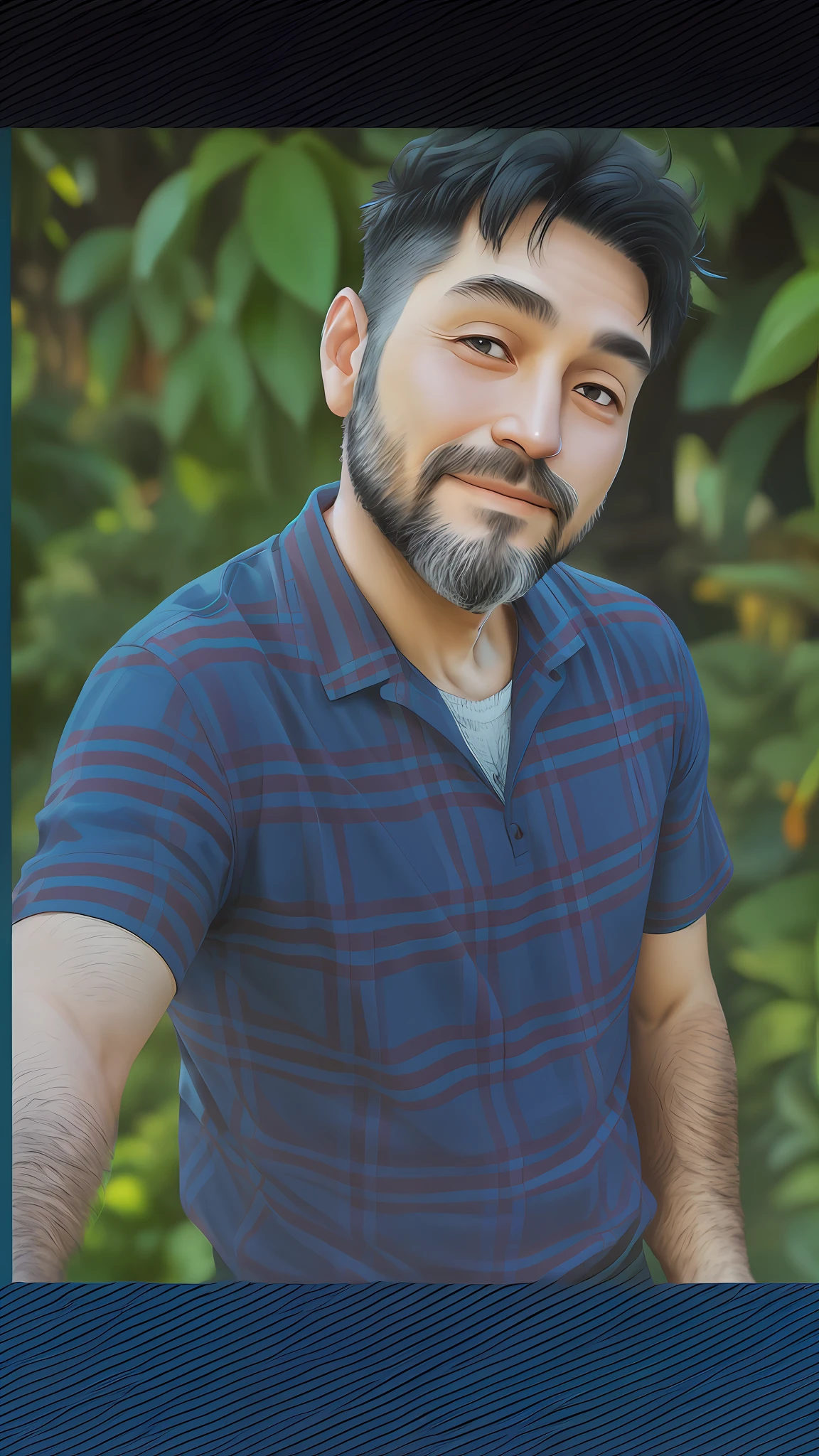 A man of thirty years, short black hair, short beard and normal body.