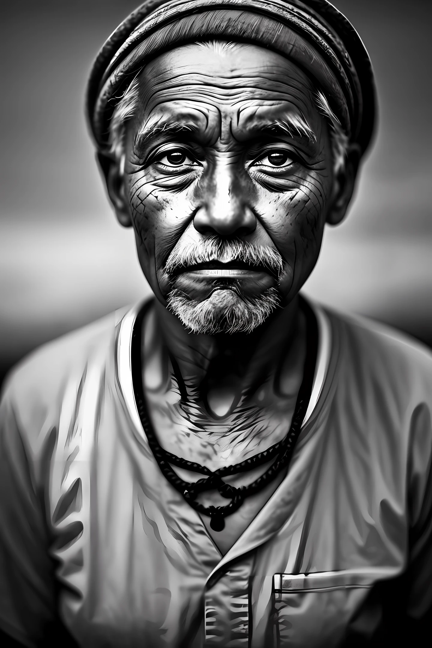 Award-winning portrait photo of the upper body of an old black sailor, eyes looking up, (bokeh:0.7), sidelit, (face wrinkled in details:0.7), telephoto, moonlight, torches, sandy atmosphere, ocean night exterior, realistic, intricate details, true aged skin texture